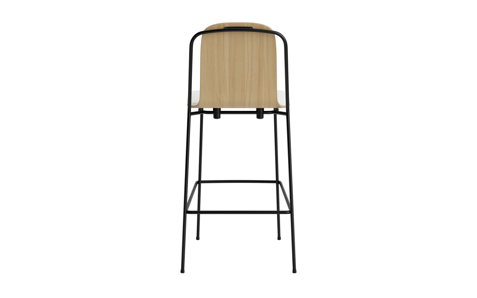 Entdecken Sie den modernen Studio Barstuhl von Normann Copenhagen: 75 cm hoch, mit schwarzem Stahlgestell, Eichenholz und hochwertigem Hallingdal-Polster.