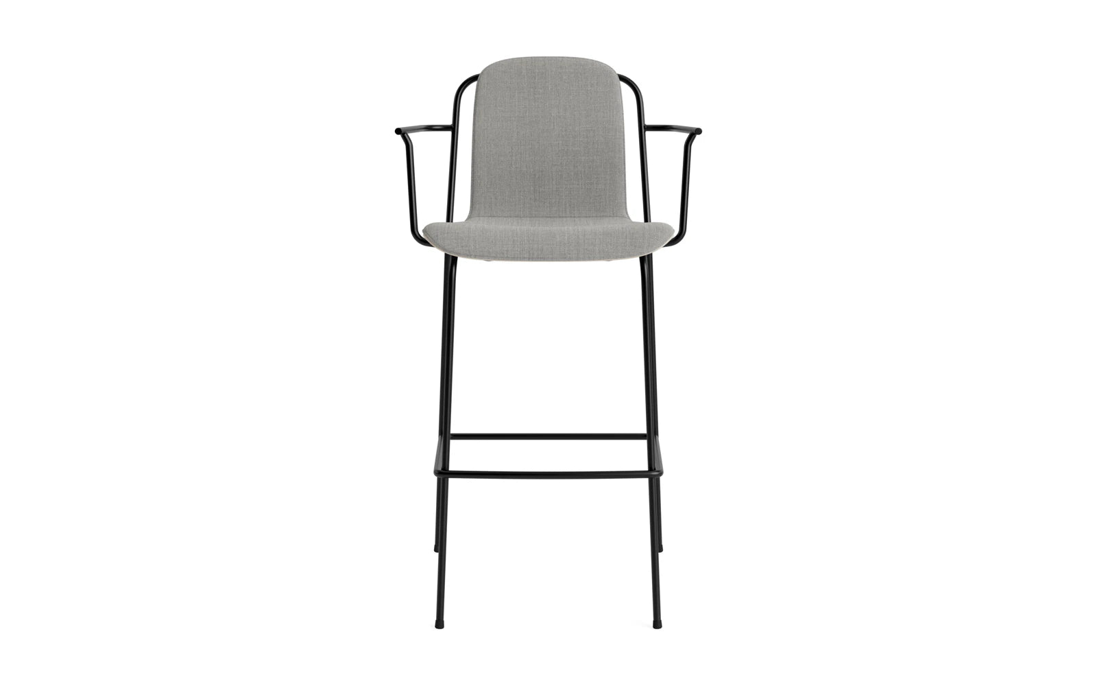 Entdecken Sie den stilvollen Studio Barstuhl mit Armlehne 75 cm von Normann Copenhagen. Elegantes Design in schwarzem Stahl und hellgrauem Remix-Polster.
