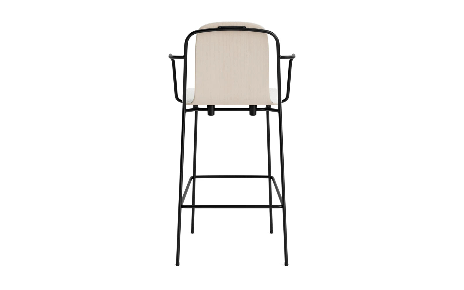 Entdecken Sie den eleganten Studio Barstuhl mit Armlehne von Normann Copenhagen. Hochwertiger Stahl und hellgraues Hallingdal-Polster vereinen Stil und Komfort.