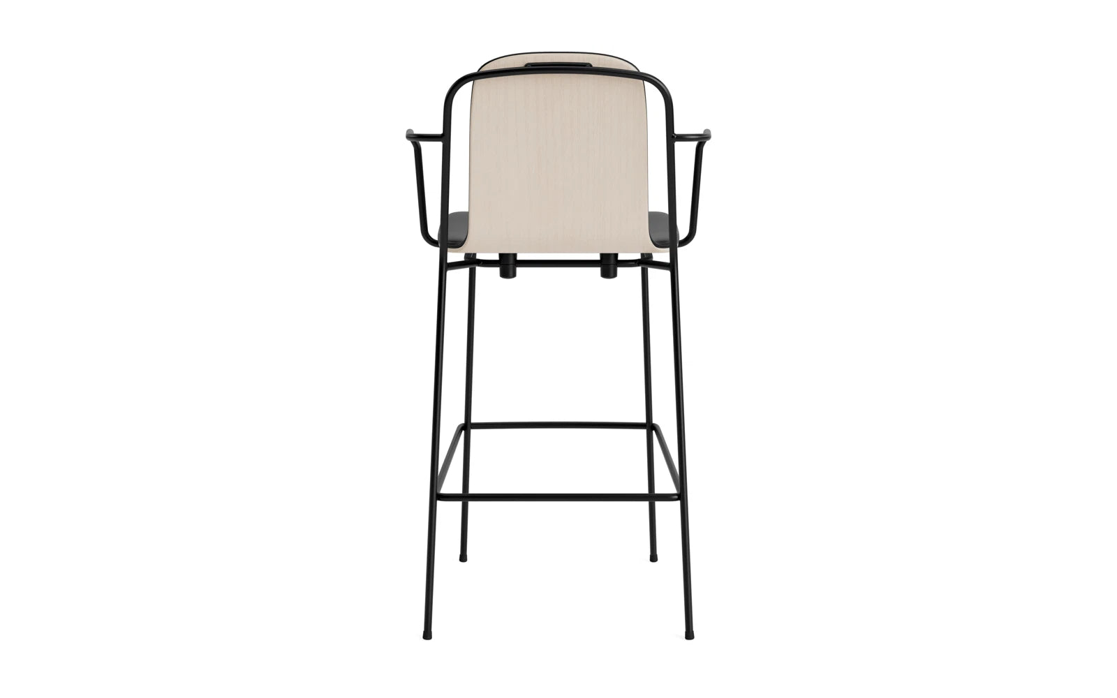 Entdecken Sie den eleganten Studio Barstuhl mit Armlehne von Normann Copenhagen. Mit seinem schlanken Stahlrahmen und dem hellgrauen Polster vereint er Stil und Funktionalität.