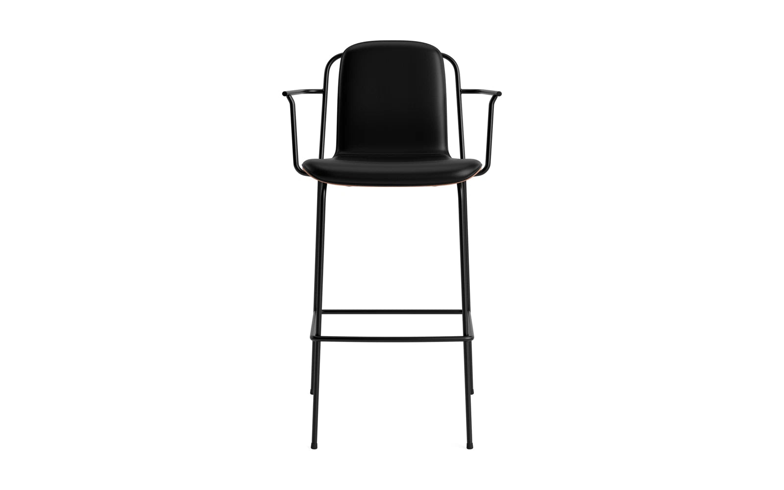 Entdecken Sie den eleganten Studio Barstuhl 75 cm von Normann Copenhagen. Mit seinem grafischen Design aus schwarzem Stahl und braunem Ultra-Polster vereint er Stil und Funktionalität.
