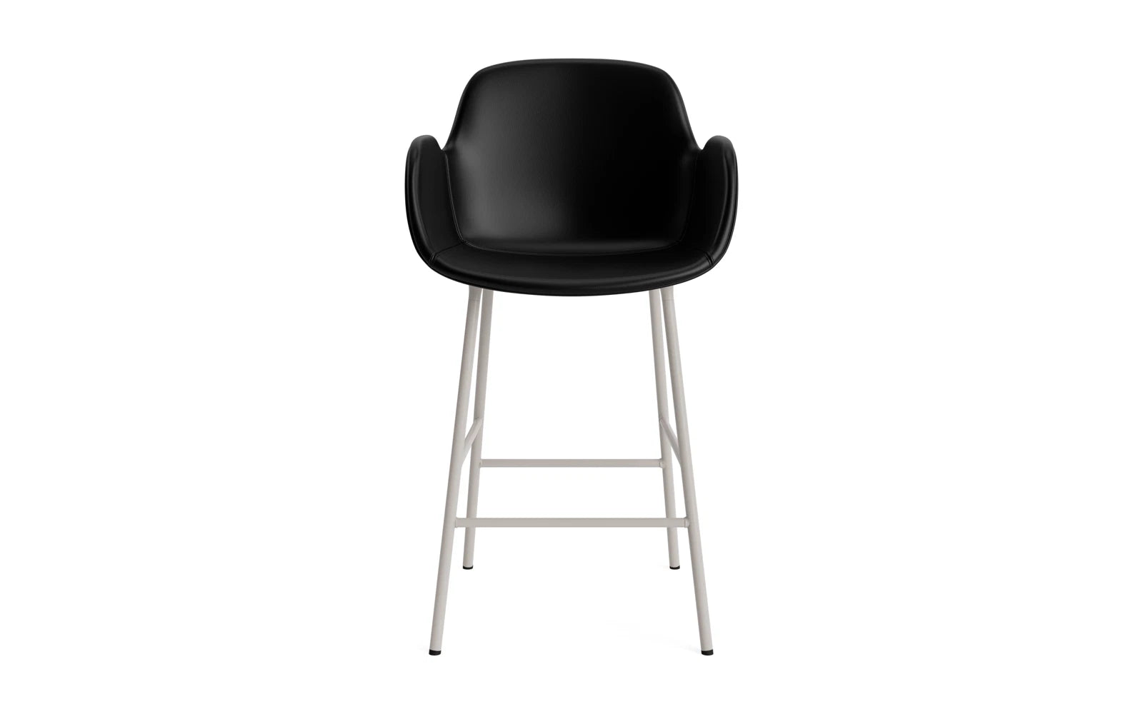 Stilvoller Form Barstuhl mit Armlehne in warmem Grau, gepolstert mit Ultra Leder und robustem Stahlgestell. Perfekt für moderne Wohnräume.