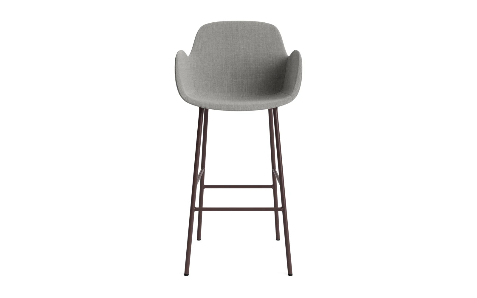 Entdecken Sie den eleganten Form Barstuhl mit Armlehne von Normann Copenhagen. Mit 75 cm Sitzhöhe und hochwertiger brauner Polsterung vereint er modernes Design und höchsten Komfort.