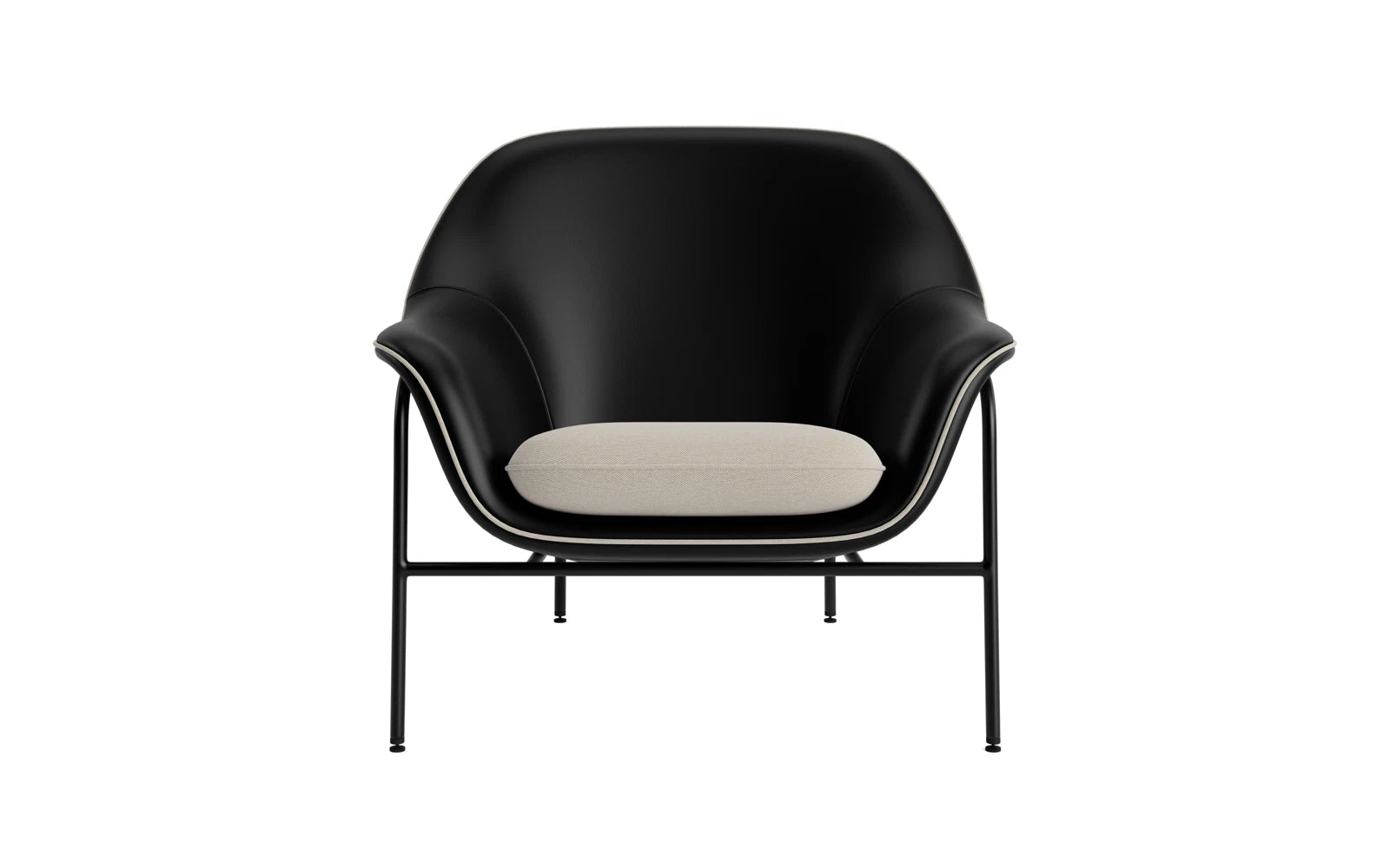 Entdecken Sie den Drape Lounge-Sessel von Normann Copenhagen: eleganter, niedriger Sitzkomfort in edlem Schwarz, gefertigt aus strapazierfähigem Ultra Leder und stabilem Stahl.