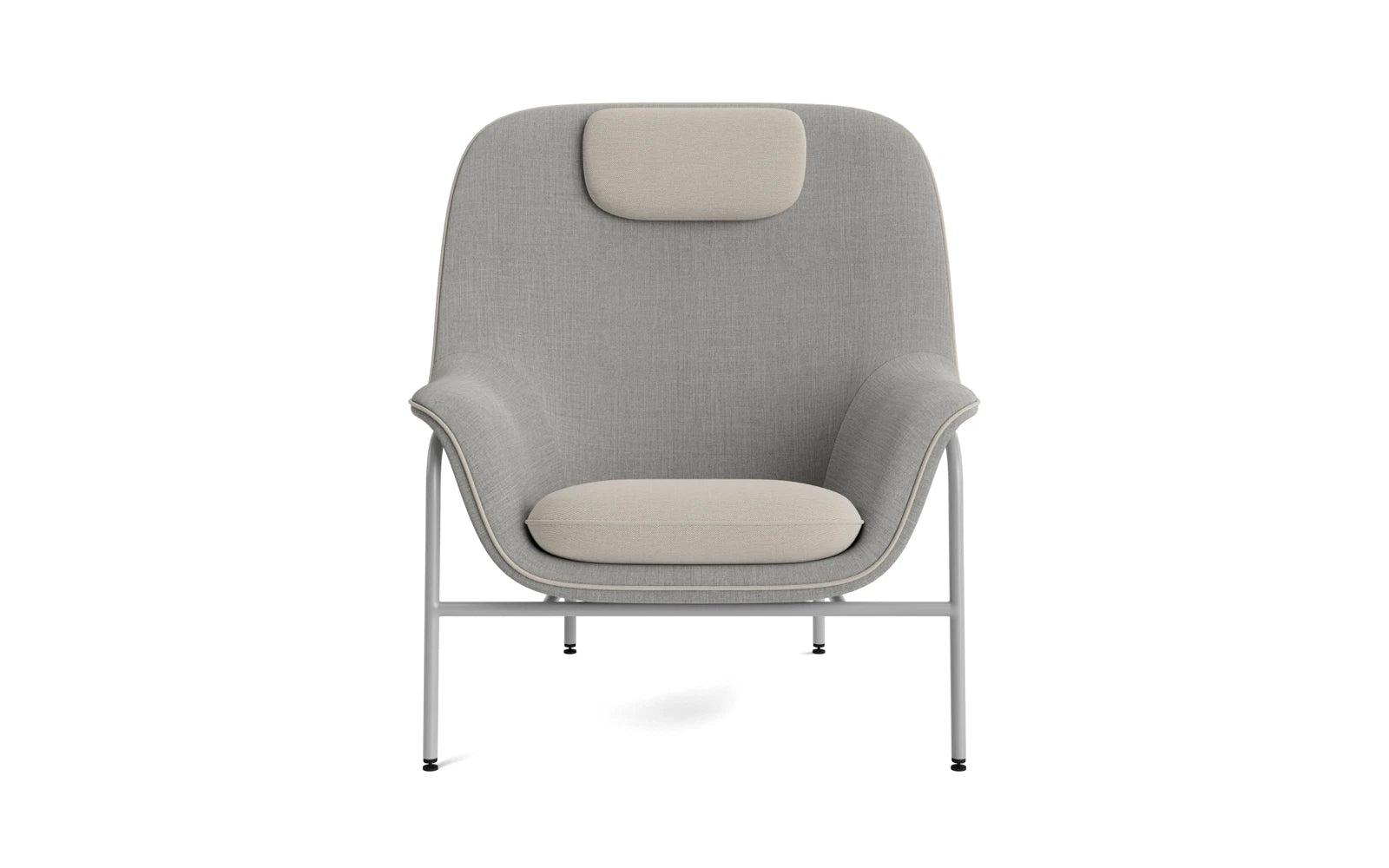 Genießen Sie den Drape Lounge-Sessel mit Kopfstütze von Normann Copenhagen – ein elegantes Design aus grauem Stahl, das höchsten Komfort bietet.