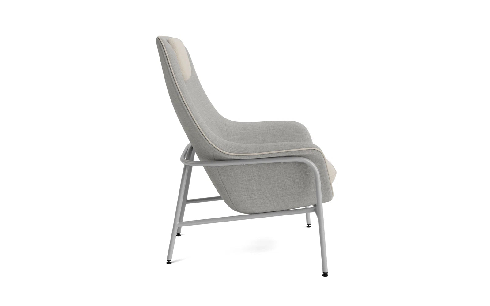 Entdecken Sie den Drape Lounge-Sessel mit Kopfstütze von Normann Copenhagen – ein stilvolles Möbelstück aus grauem Stahl, das Komfort und Eleganz vereint.