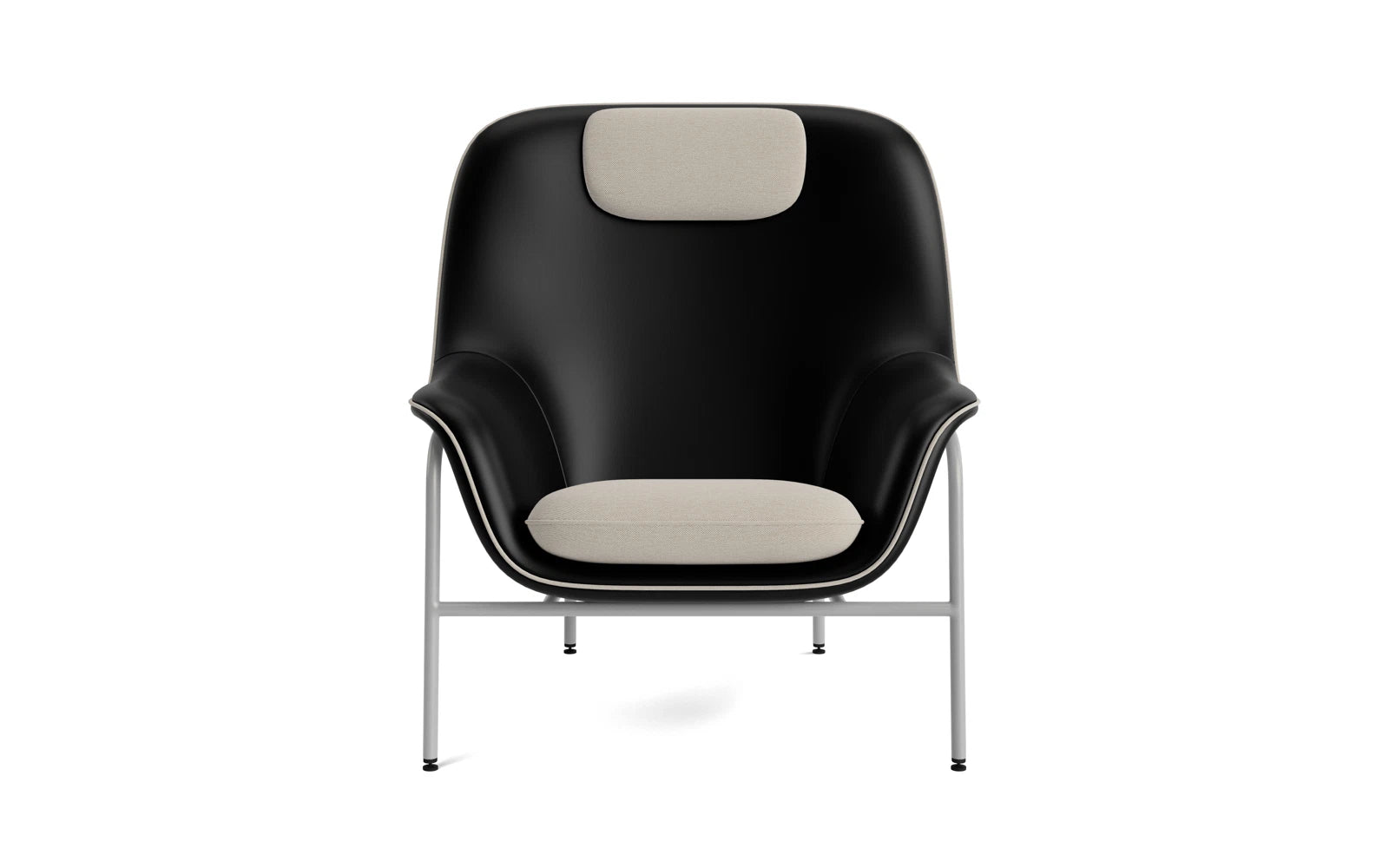 Erleben Sie den Drape Lounge-Sessel mit Kopfstütze in grauem Stahl Ultra – eine harmonische Verbindung von Eleganz, Komfort und nachhaltigen Materialien.