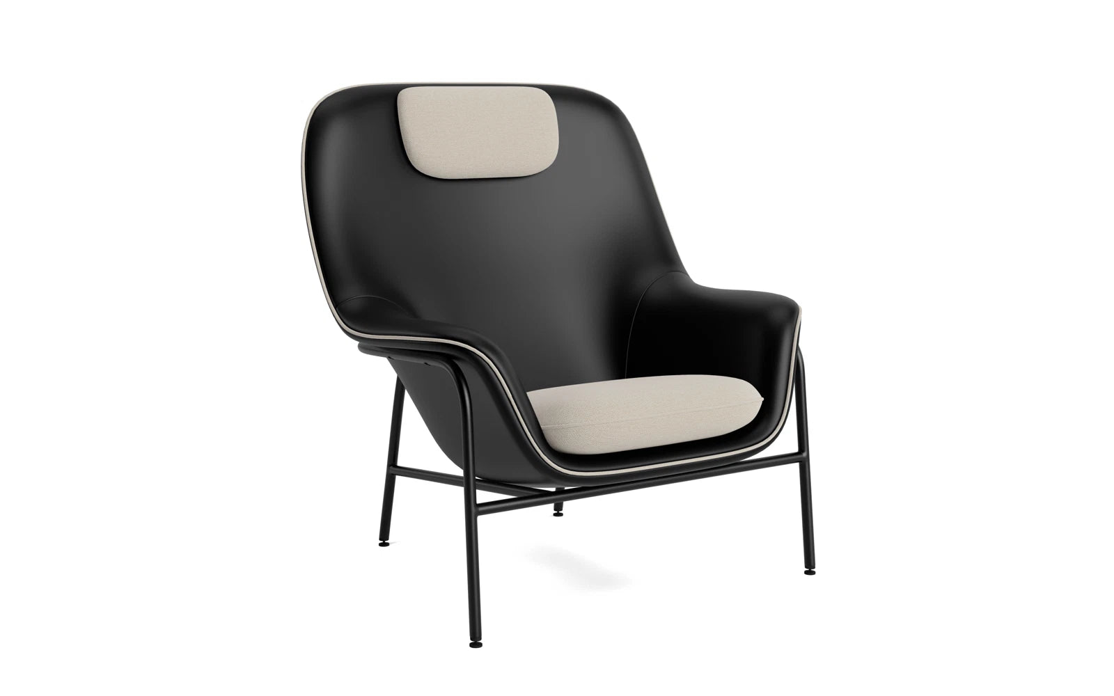 Eleganter Drape Lounge Sessel mit Kopfstütze, sanfte Kurven, anpassbare Bezüge, moderne Stahl- oder Eichenbeine.