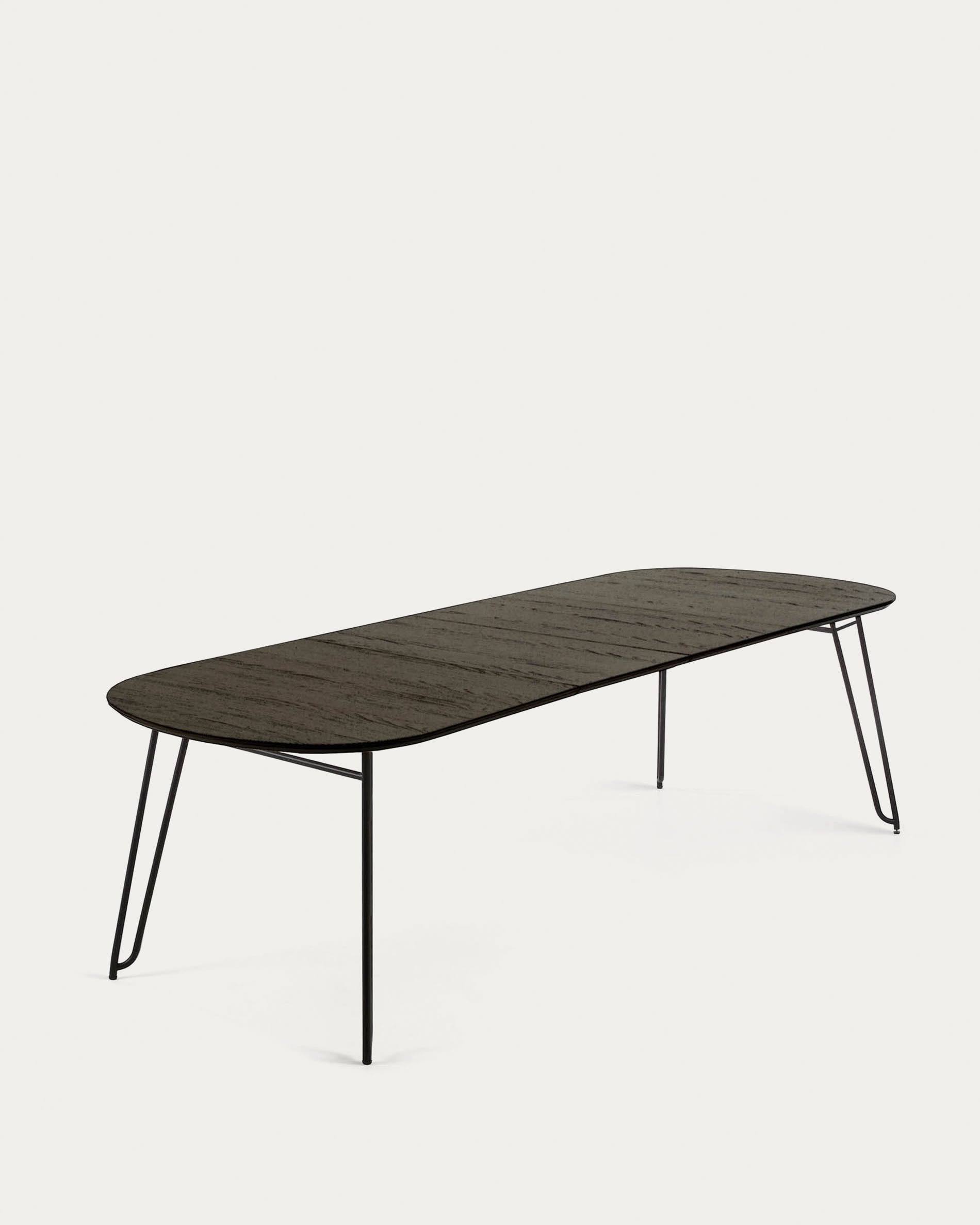 Eleganter Tisch Milian, ausziehbar von 140 auf 220 cm, Eschenfurnier, schwarze Stahlbeine, perfekt für moderne Esszimmer.