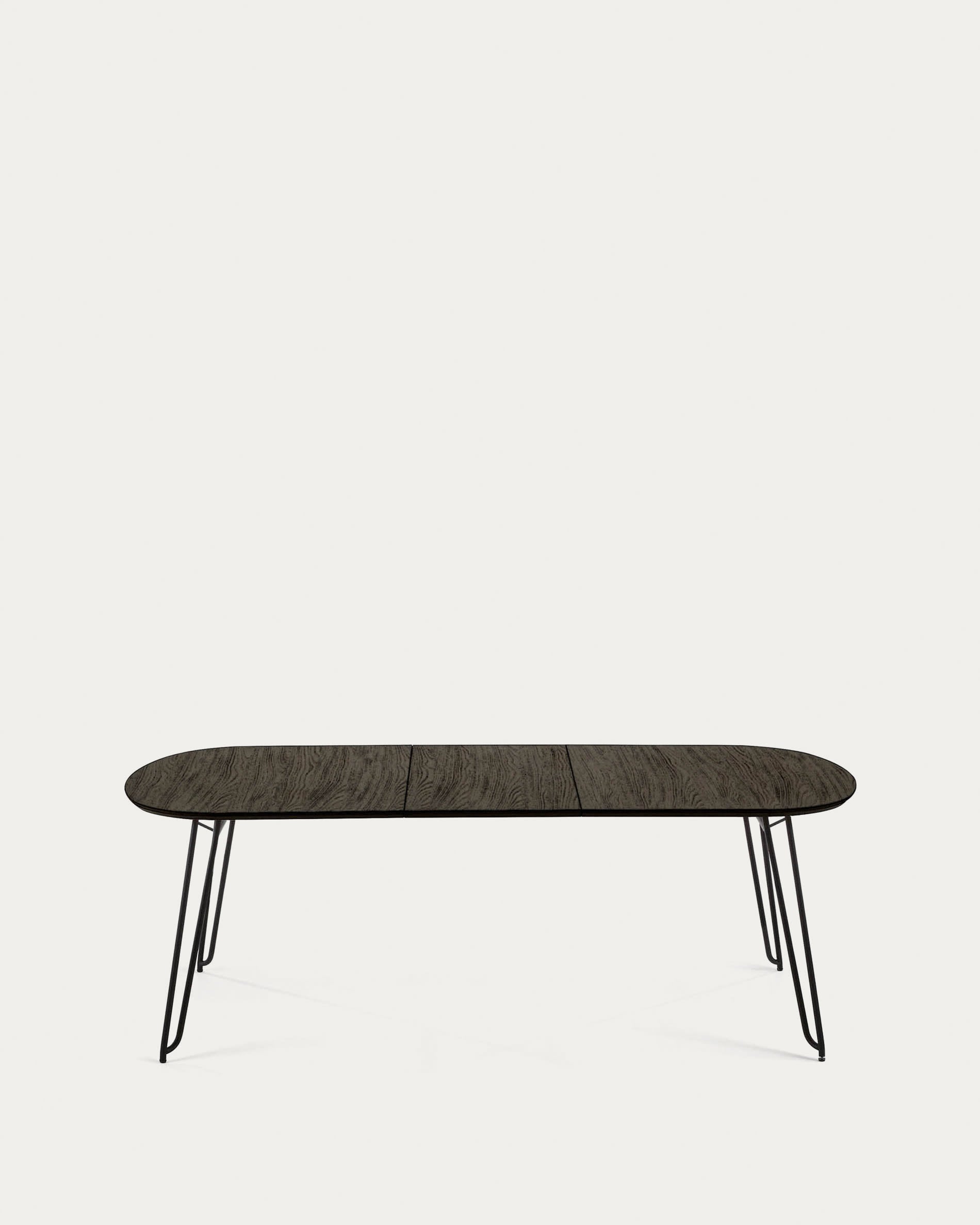 Eleganter Tisch Milian, ausziehbar von 140 auf 220 cm, Eschenfurnier, schwarze Stahlbeine, perfekt für moderne Esszimmer.