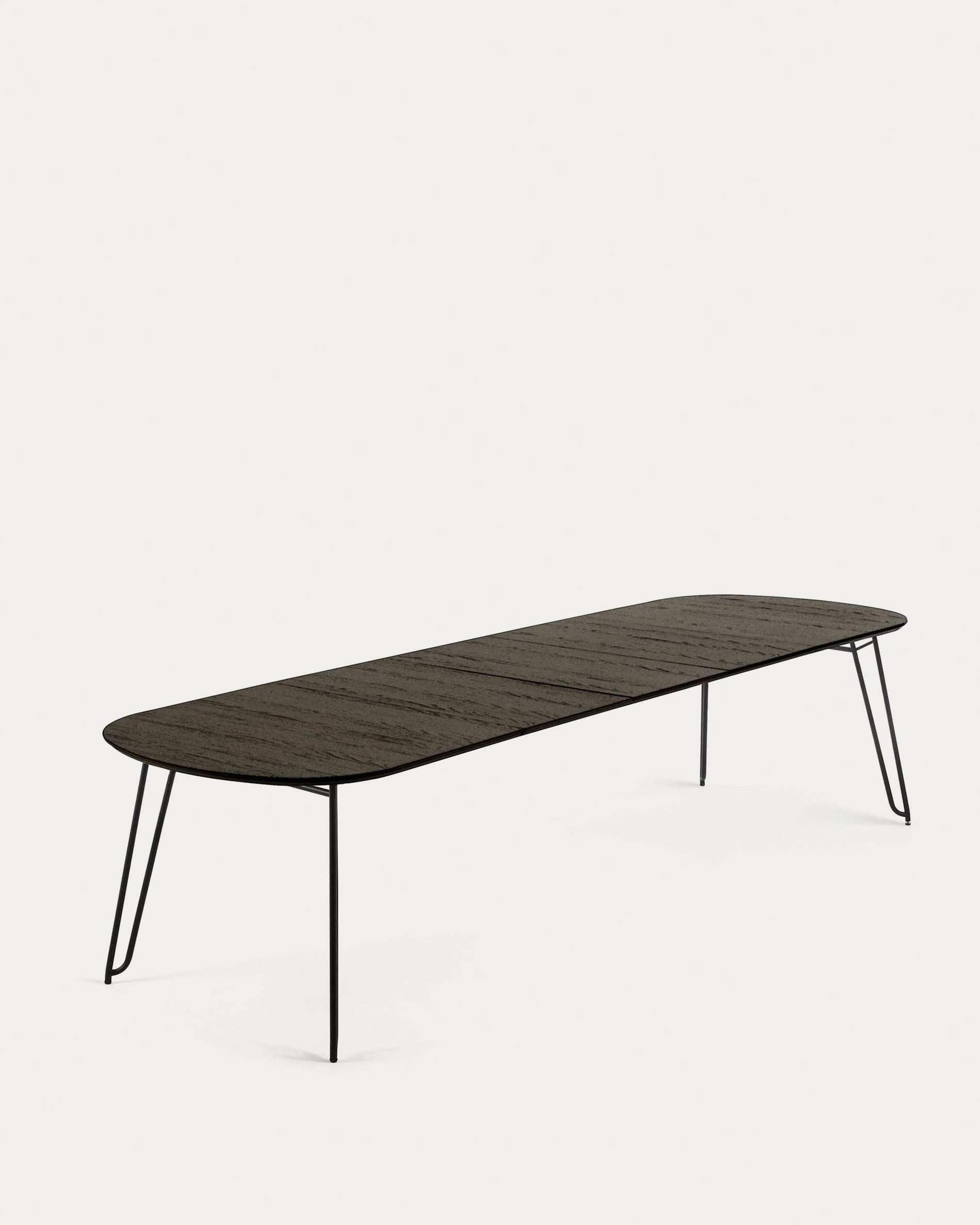 Eleganter Tisch Milian, ausziehbar von 170 bis 320 cm, Eschenfurnier, schwarze Stahlbeine, perfekt für moderne Esszimmer.