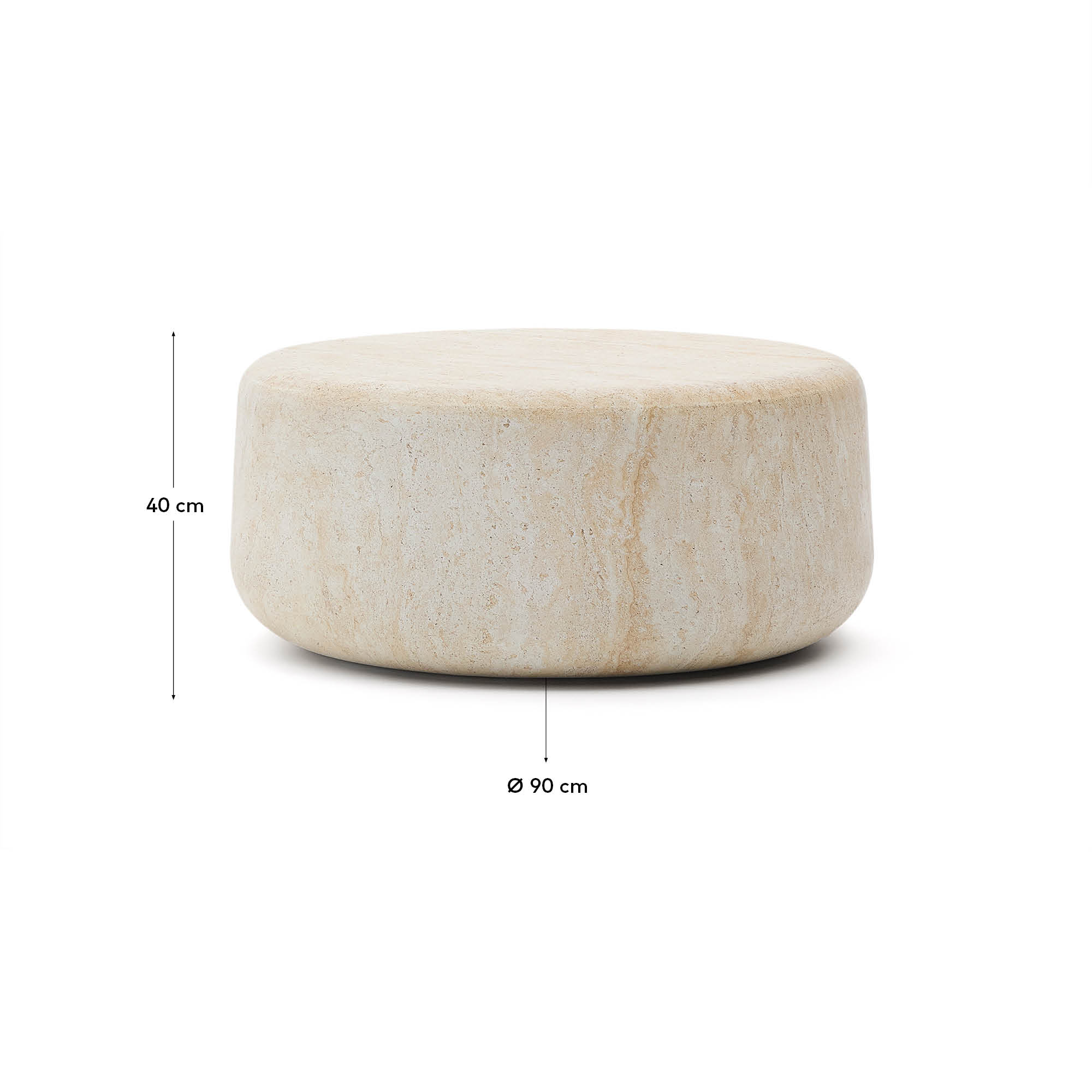 Robuster Couchtisch Drasi aus Zement in stilvoller Travertinoptik, Ø 90 cm – perfekt für drinnen und draußen, pflegeleicht und elegant.