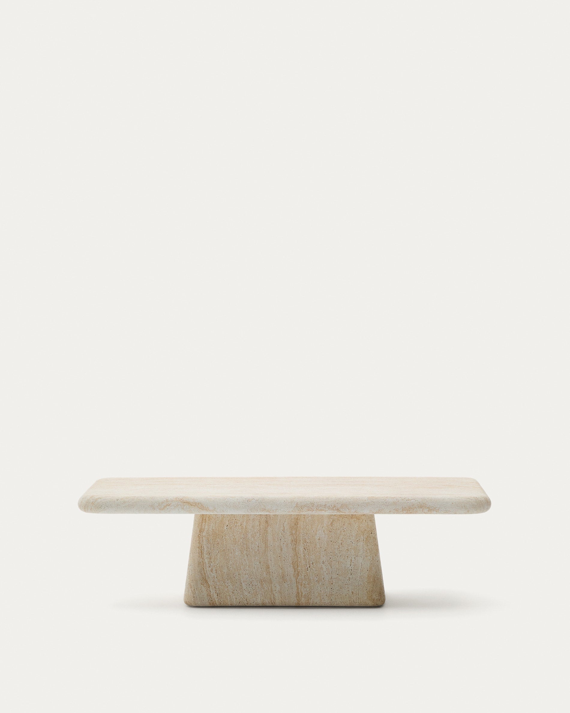 Der Drasi Couchtisch in Travertinoptik vereint Widerstandsfähigkeit und Eleganz, ideal für Innen- und Aussenbereiche.