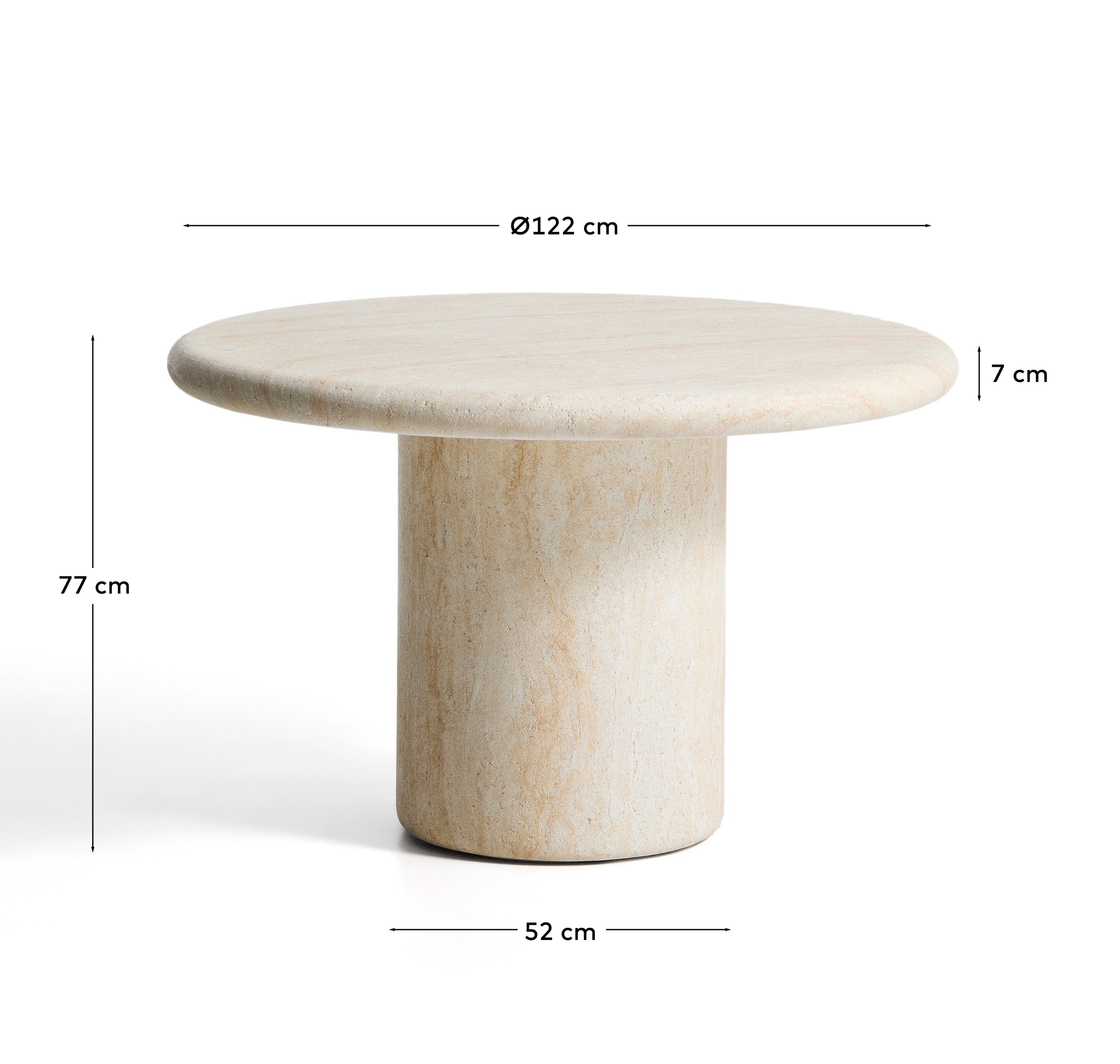 Eleganter runder Gartentisch Drasi aus Zement mit stilvollem Travertin-Finish, Ø 122 cm, ideal für Outdoor-Bereiche und entspannte Stunden.