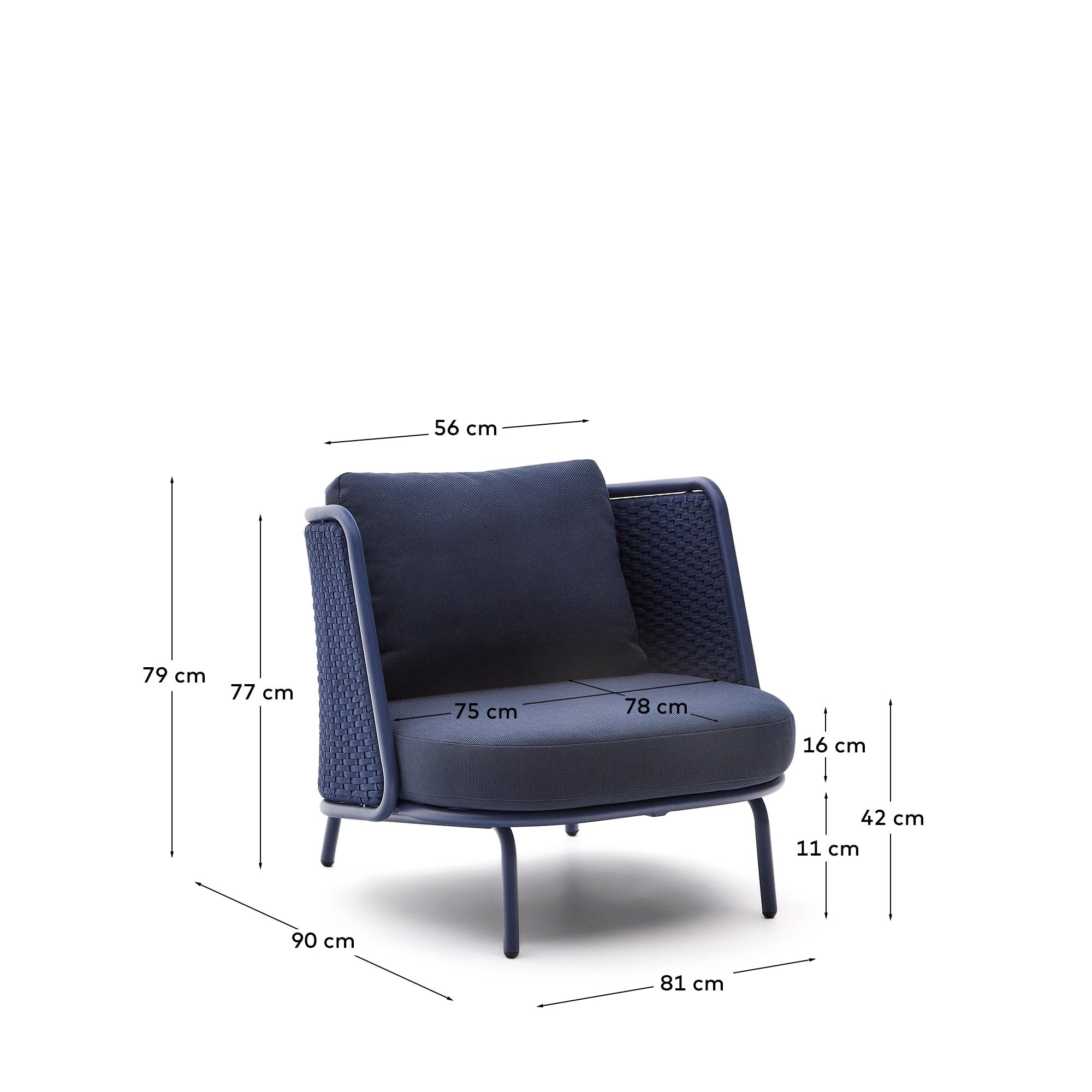 Stylischer Outdoor-Sessel Sedalis von Kave Home, gefertigt aus leichtem Aluminium und strapazierfähigem, UV-beständigem blauen Seil – ideal für Garten und Terrasse.