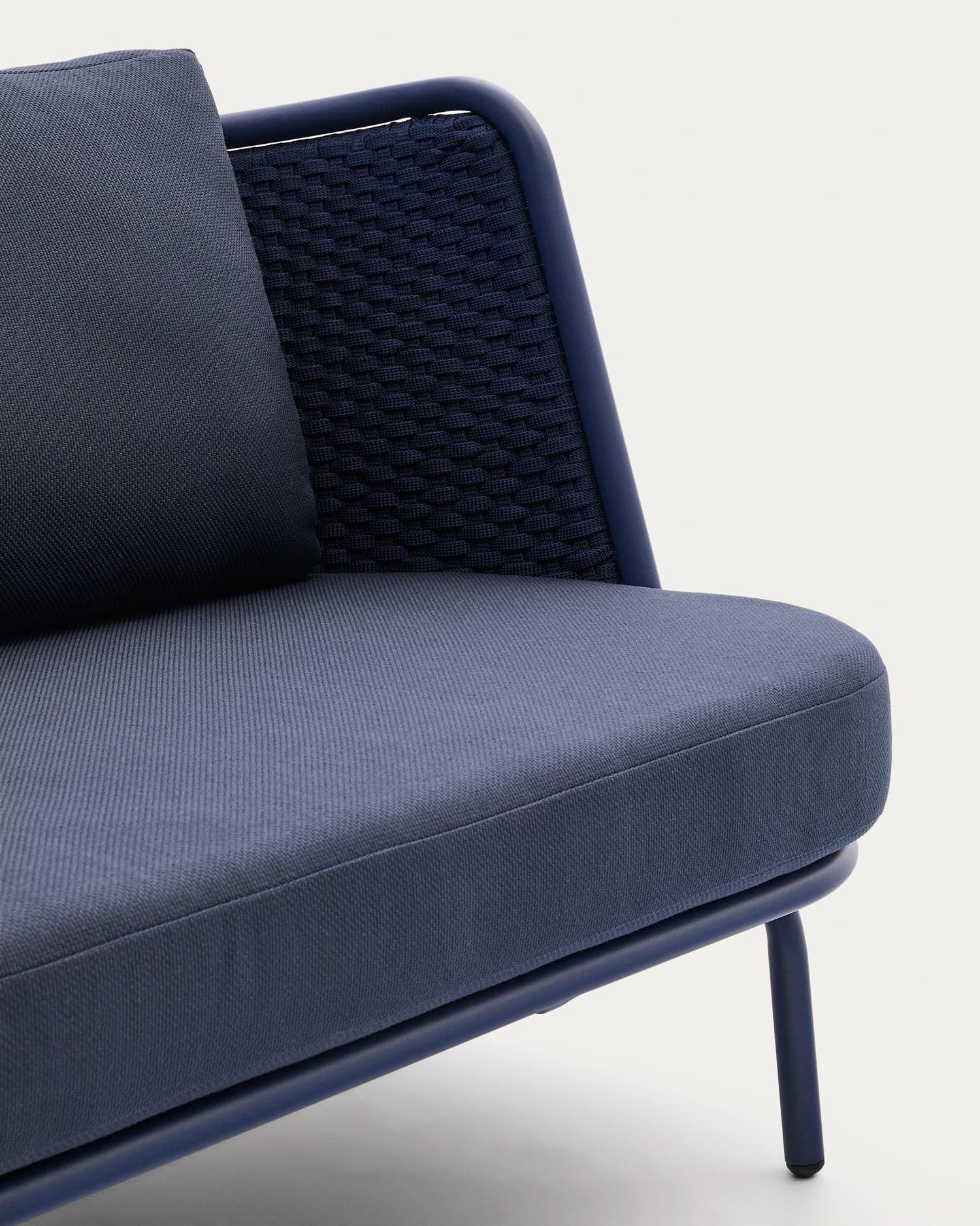 Stilvolles 3-Sitzer Outdoor-Sofa Sedalis, 210 cm, aus robustem Aluminium und frischem blauen Seil – perfekt für entspannte Stunden im Freien.