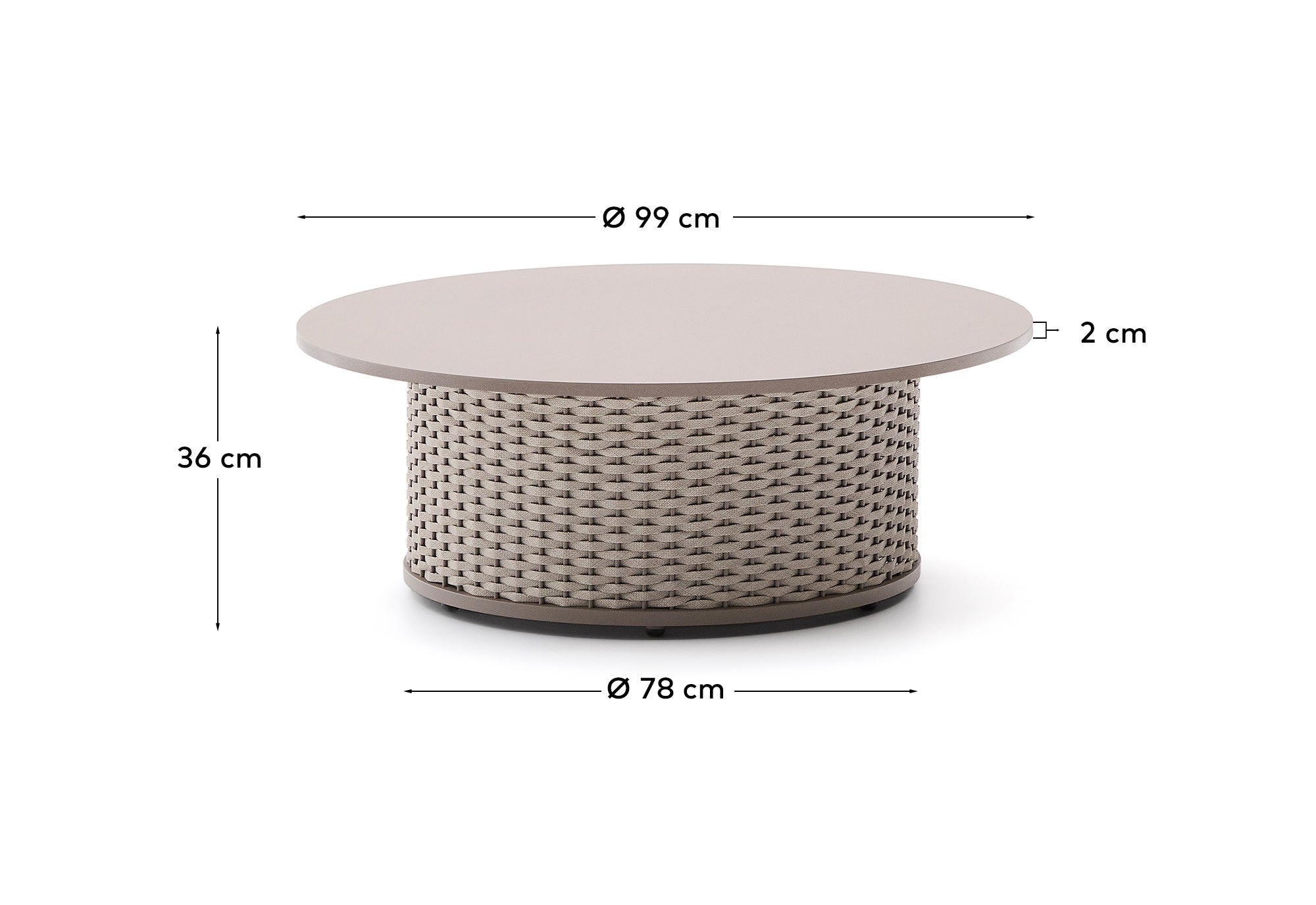 Eleganter Outdoor-Couchtisch Sedalis mit 99 cm Durchmesser, gefertigt aus robustem Aluminium und taupefarbenem Seil – perfekt für stilvolle Terrassen.