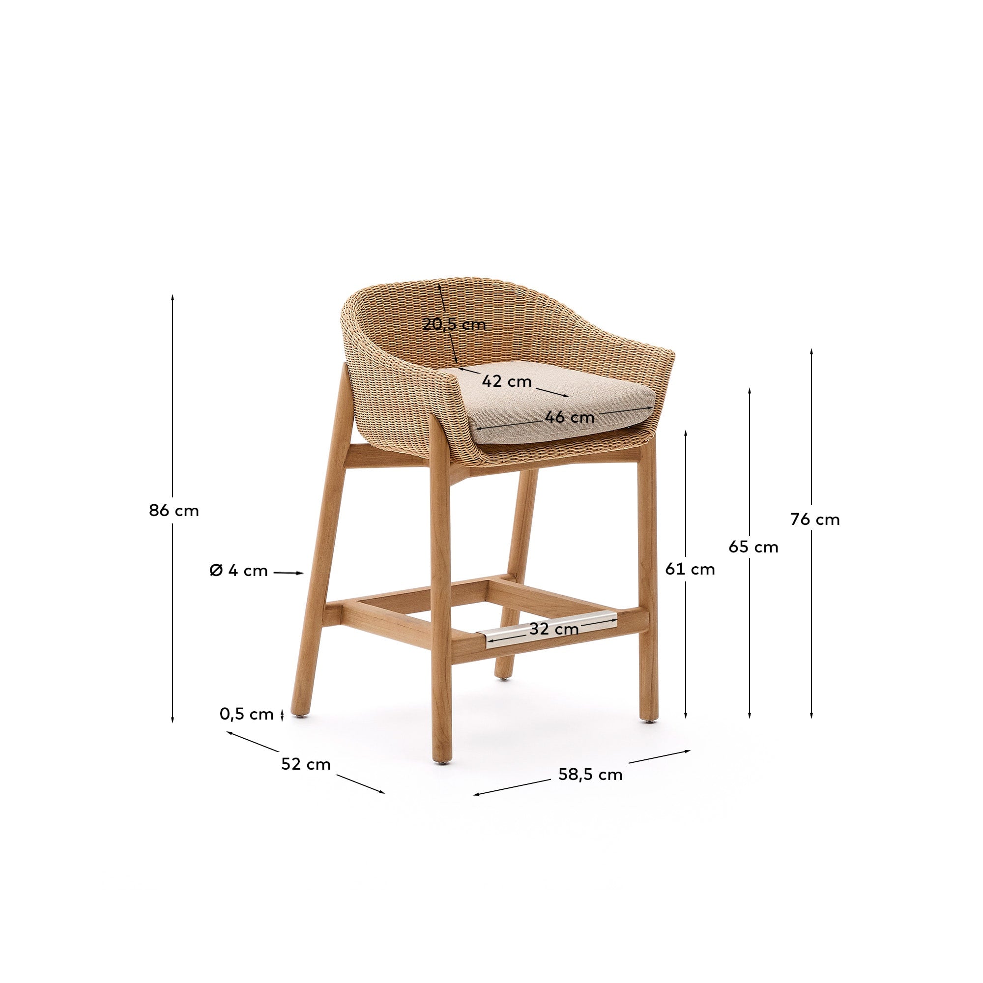 Hocker Galea aus robustem Teakholz und pflegeleichtem Rattan, 65 cm hoch. Perfekt für elegante Outdoor-Events und gemütliche Stunden im Freien.