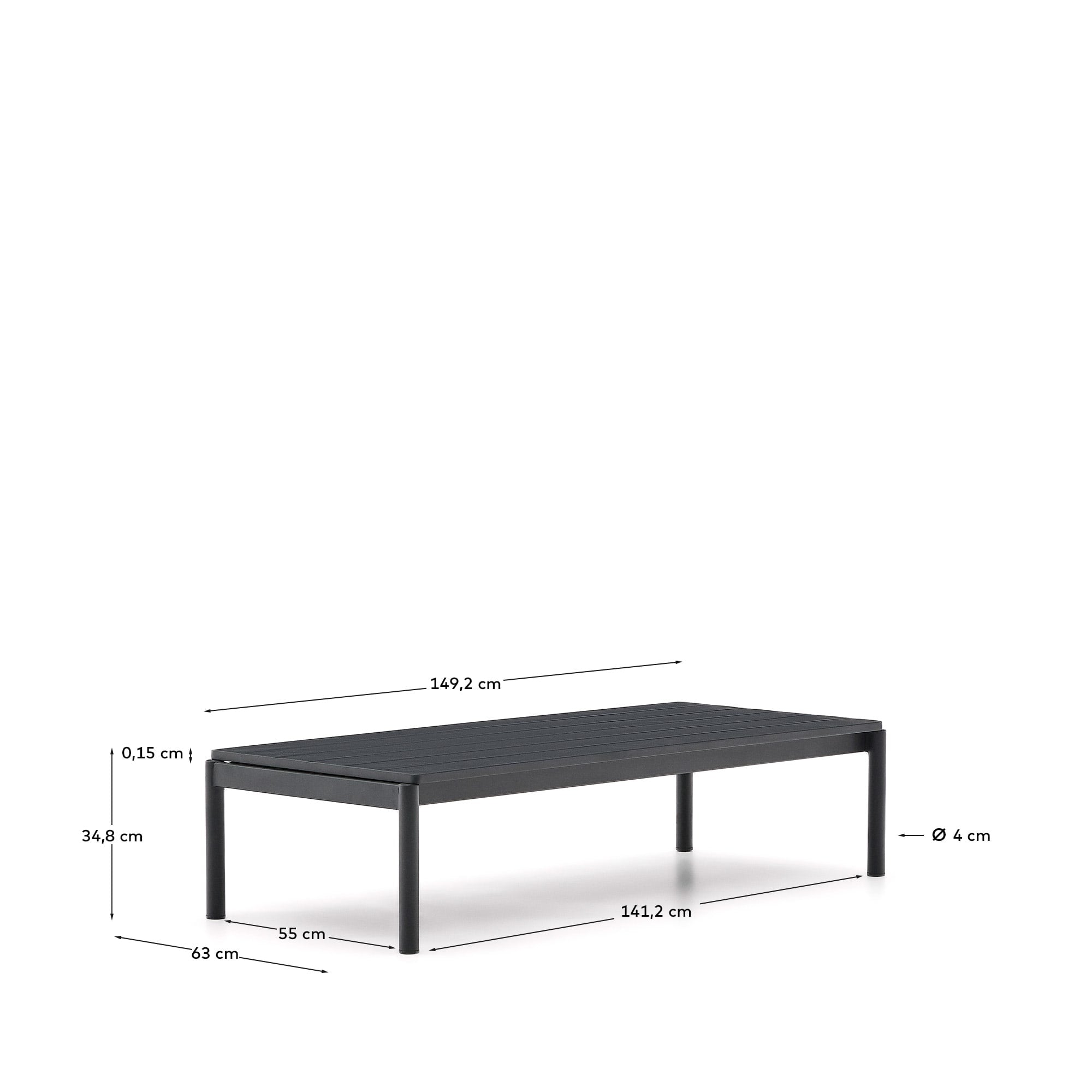 Moderner Couchtisch Sorells aus wetterfestem grauem Aluminium (63 x 144,6 cm) – perfekt für gesellige Stunden im Freien und stilvolle Akzente.