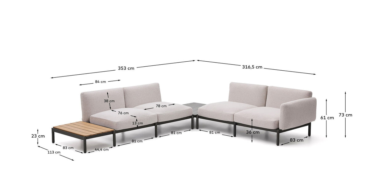 Modulares Outdoor-Ecksofa Sorells mit 4 Sitzplätzen mit beigefarbener Polsterung und grauem Aluminium, mit Tisch aus Teakholz, 353 x 316,5 cm, FSC 100 % in Beige, Graphit präsentiert im Onlineshop von KAQTU Design AG. Loungeset ist von Kave Home