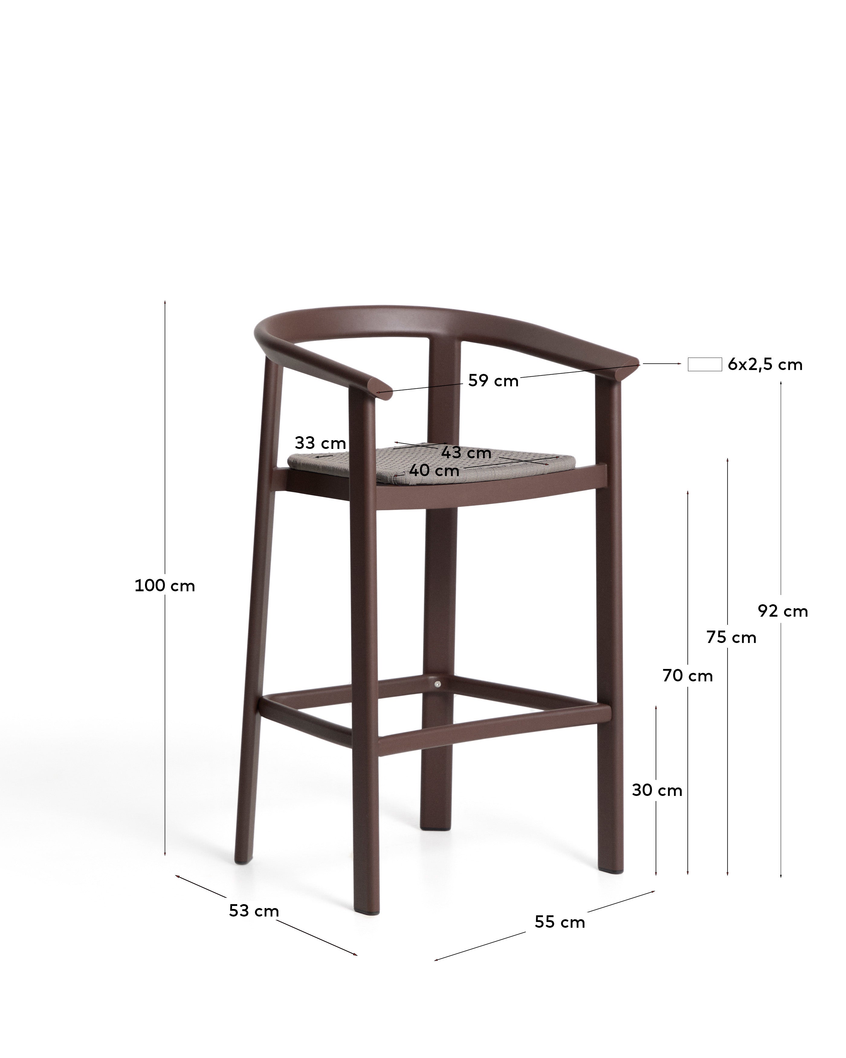 Stylischer Hocker Erice aus robustem Aluminium und elegantem braunem Seil, 75 cm hoch, ideal für entspannte Stunden im Freien.
