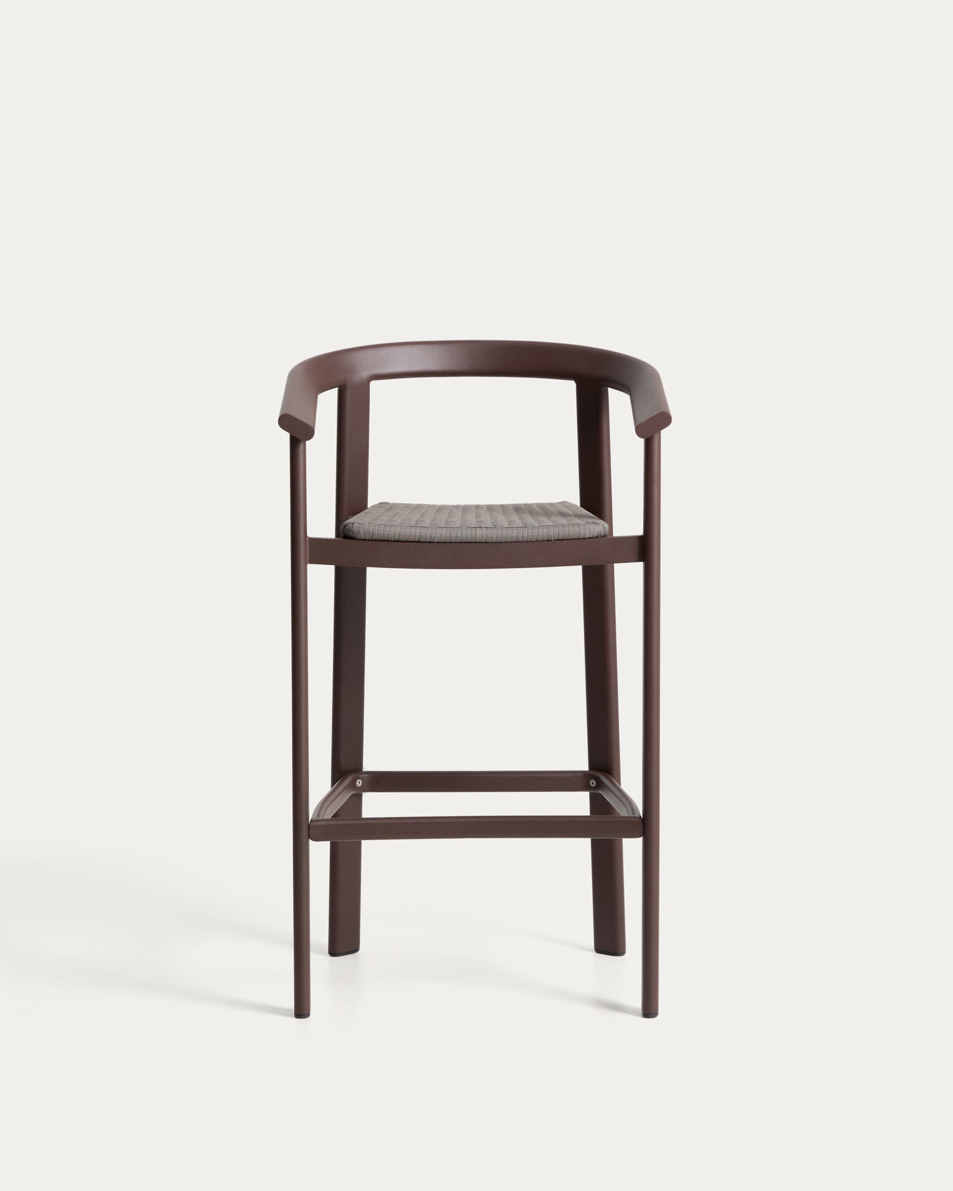 Moderner Outdoor-Hocker Erice, gefertigt aus langlebigem Aluminium und braunem Seil, 75 cm hoch, perfekt für Garten und Terrasse.