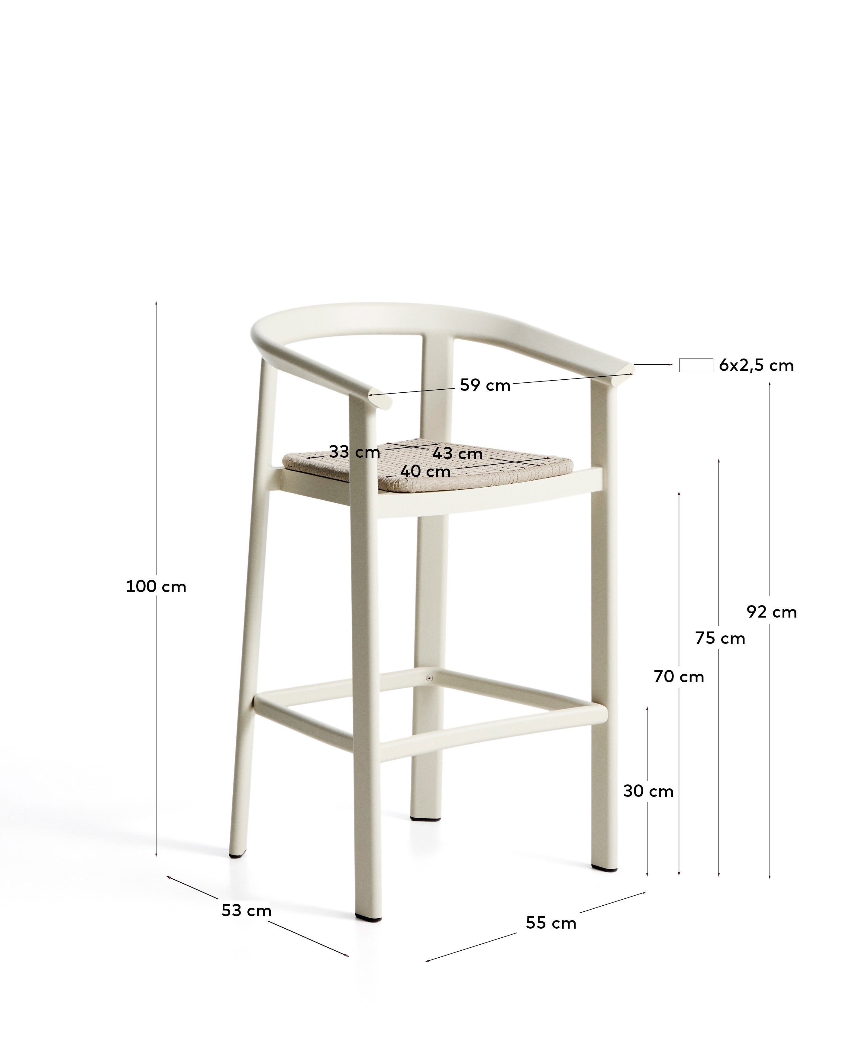 Hocker Erice aus Aluminium und ecrufarbenem Seil, 75 cm in Ecru präsentiert im Onlineshop von KAQTU Design AG. Gartenstuhl ist von Kave Home