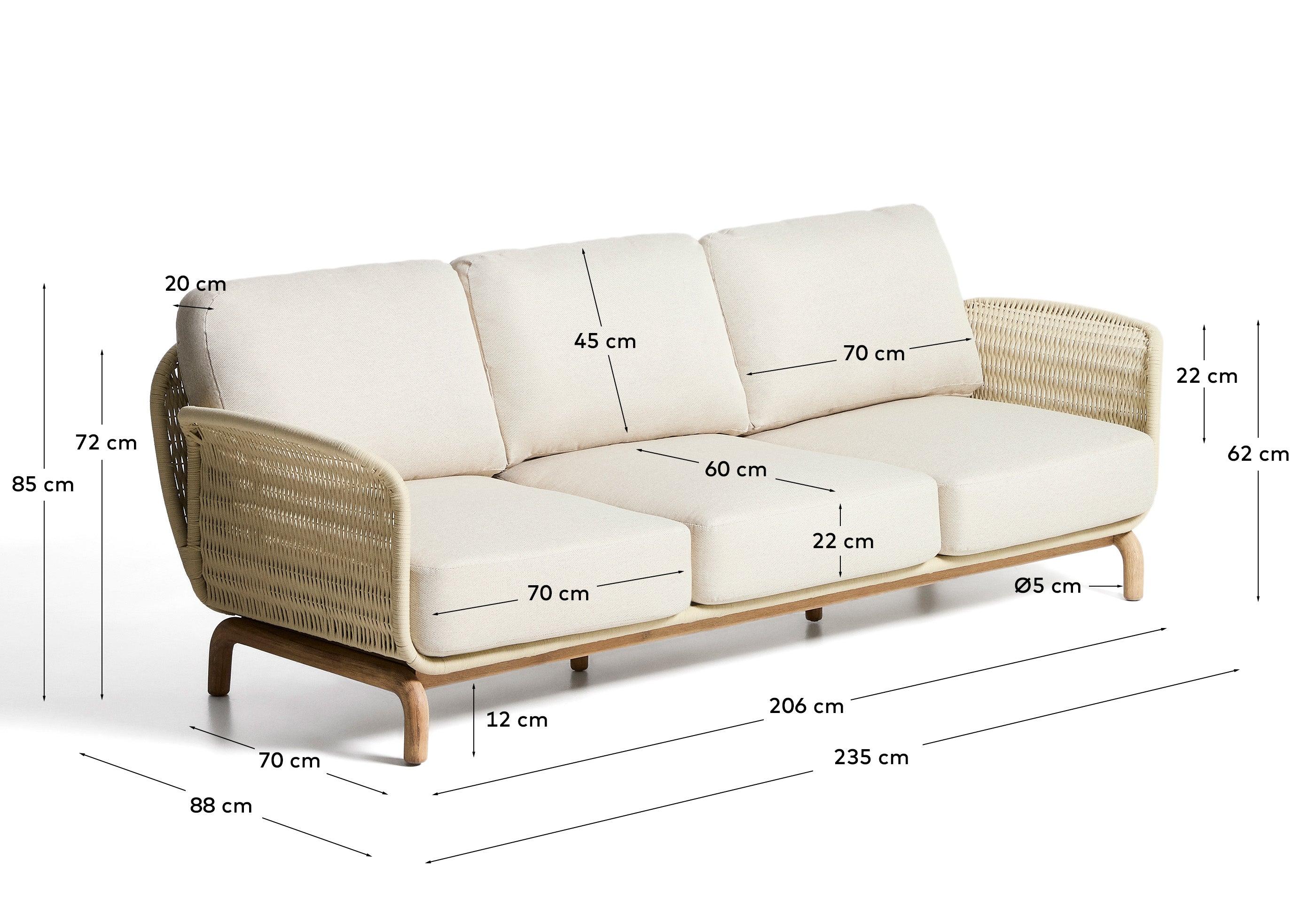 3-Sitzer-Sofa Alipa aus massivem Akazienholz und ecrufarbenem Seil, 235 cm in Ecru präsentiert im Onlineshop von KAQTU Design AG. Loungesofa ist von Kave Home
