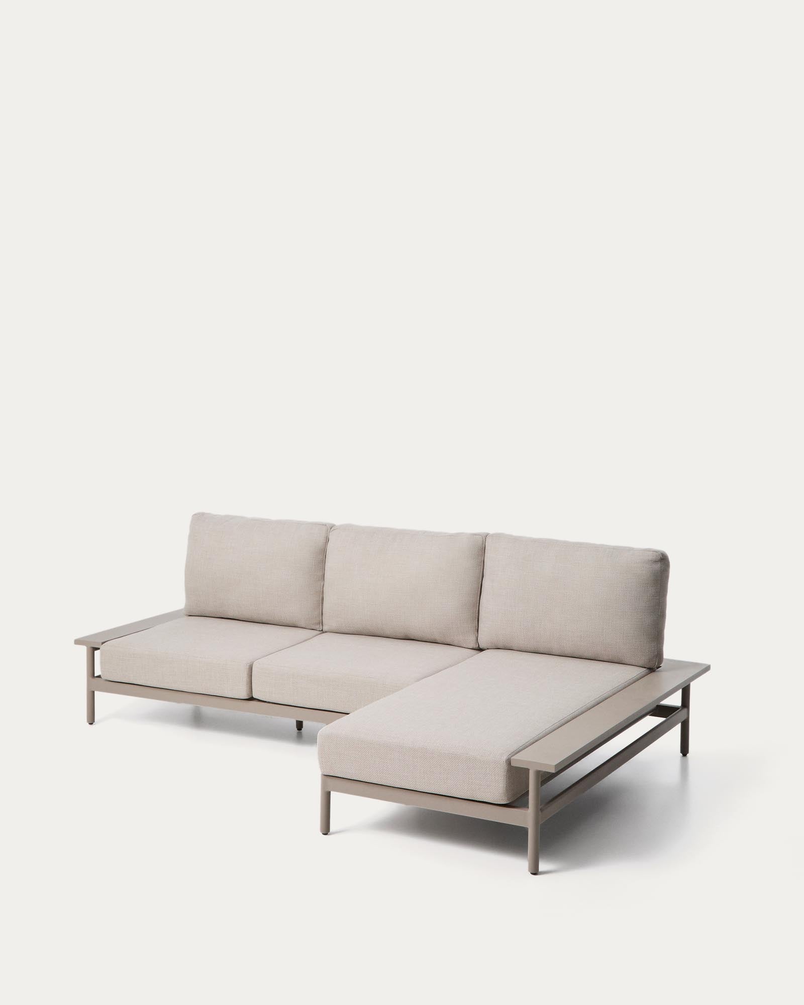 Elegantes Vathi 3-Sitzer-Sofa aus robustem Aluminium in Taupe, mit praktischer rechter Chaiselongue für entspannte Stunden im Freien.