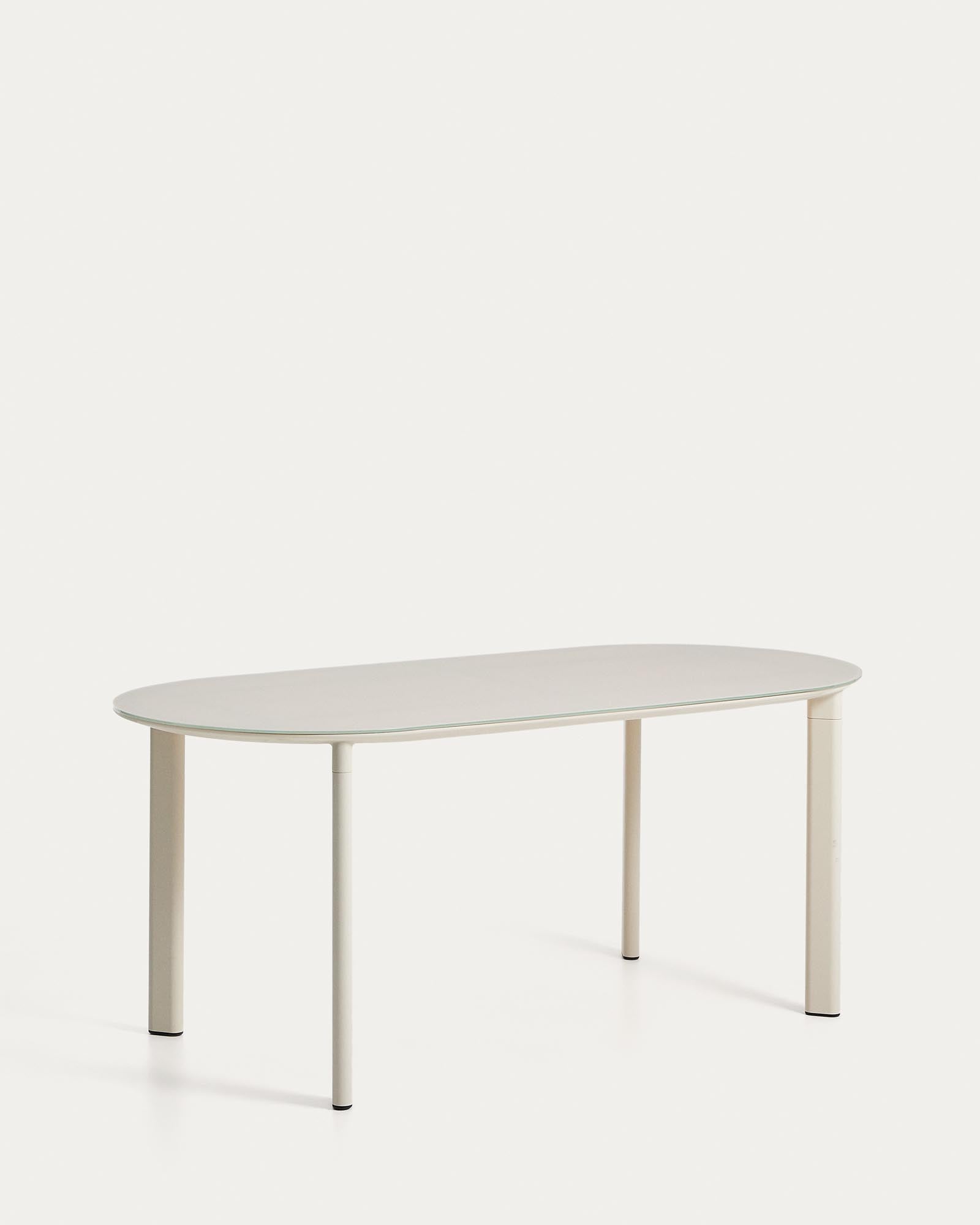 Eleganter ovaler Gartentisch Erice in Ecru, gefertigt aus robustem Aluminium und bruchsicherem Glas, ideal für stilvolle Outdoor-Events.