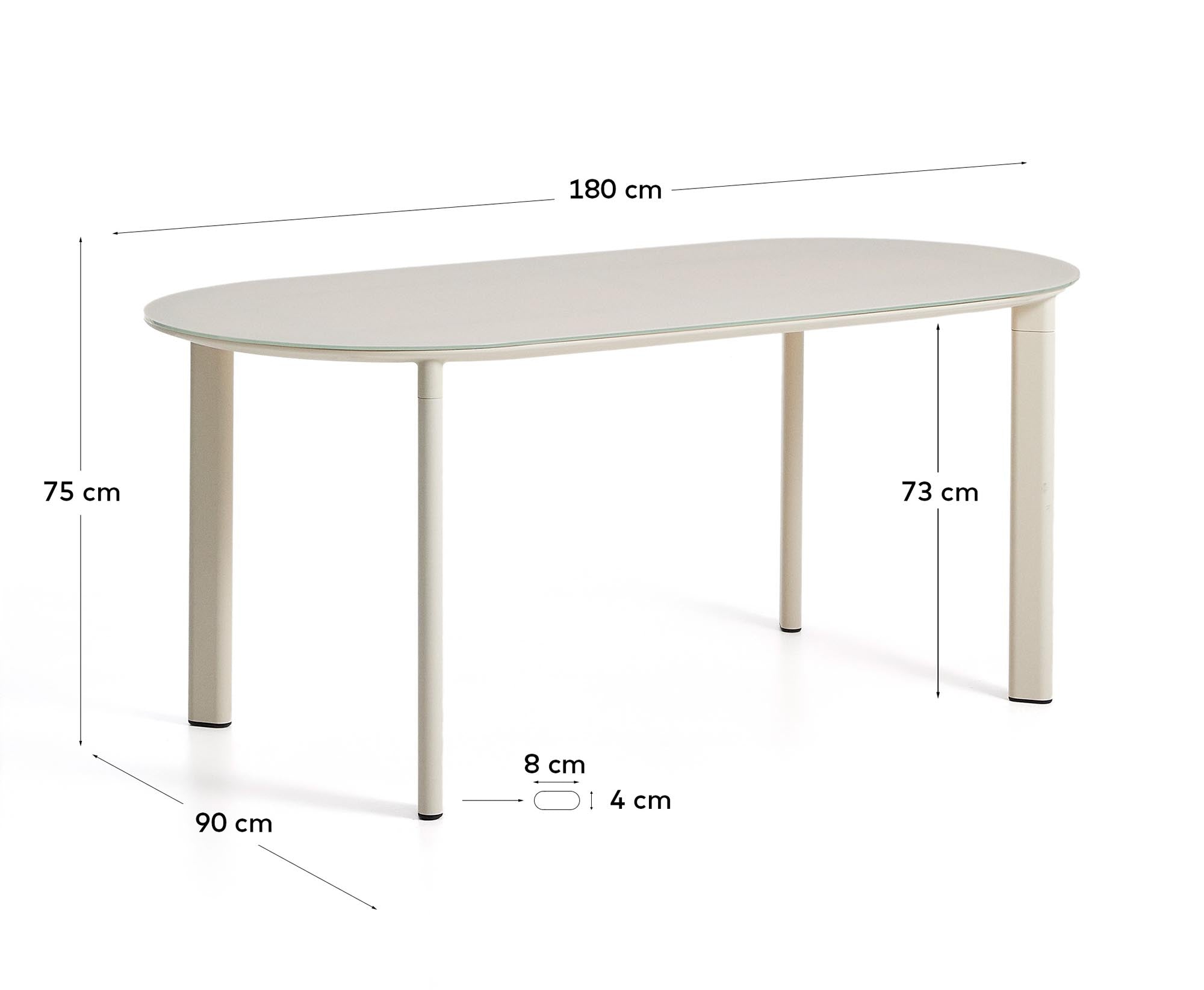 Moderner ovaler Gartentisch Erice in Ecru, aus langlebigem Aluminium und gehärtetem Glas, perfekt für entspannte Stunden im Freien.