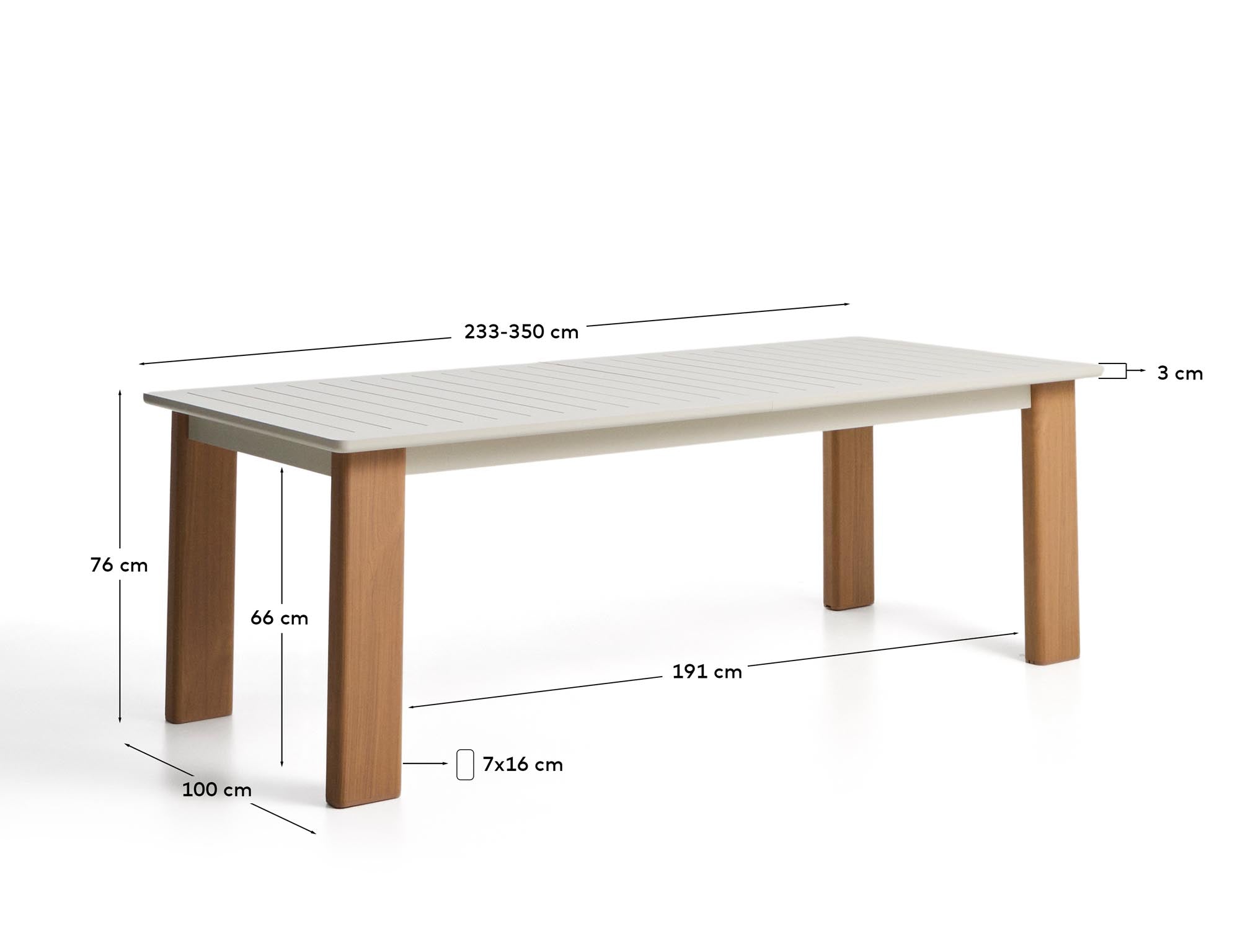 Eleganter Ausziehtisch Livorno in écrufarbenem Aluminium mit stilvollen Holzoptik-Beinen, ideal für Gartenpartys und entspannte Abende im Freien.