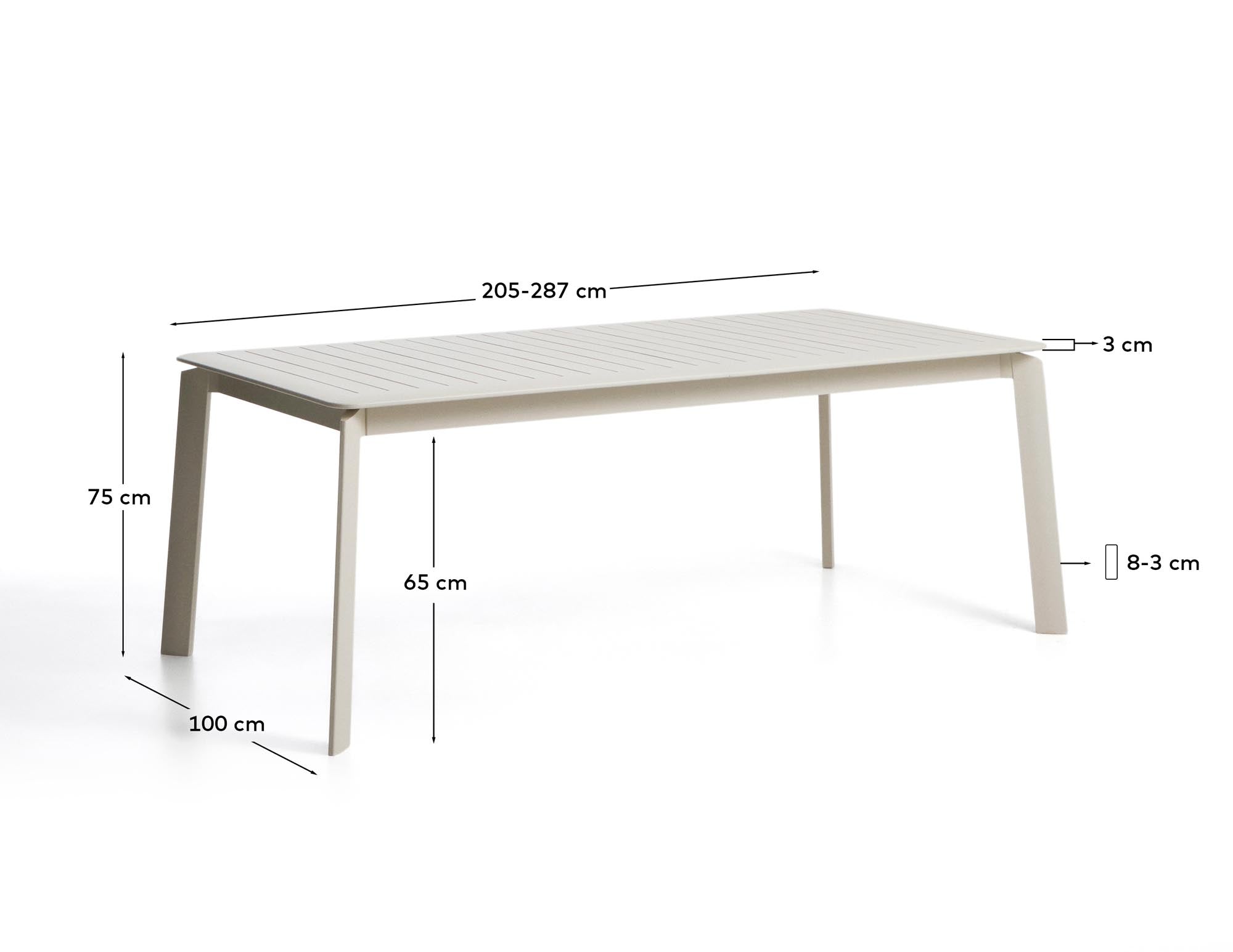 Eleganter Ausziehtisch Brela aus Aluminium in natürlichem Finish, ideal für Gartenpartys, erweiterbar von 205 auf 287 cm.