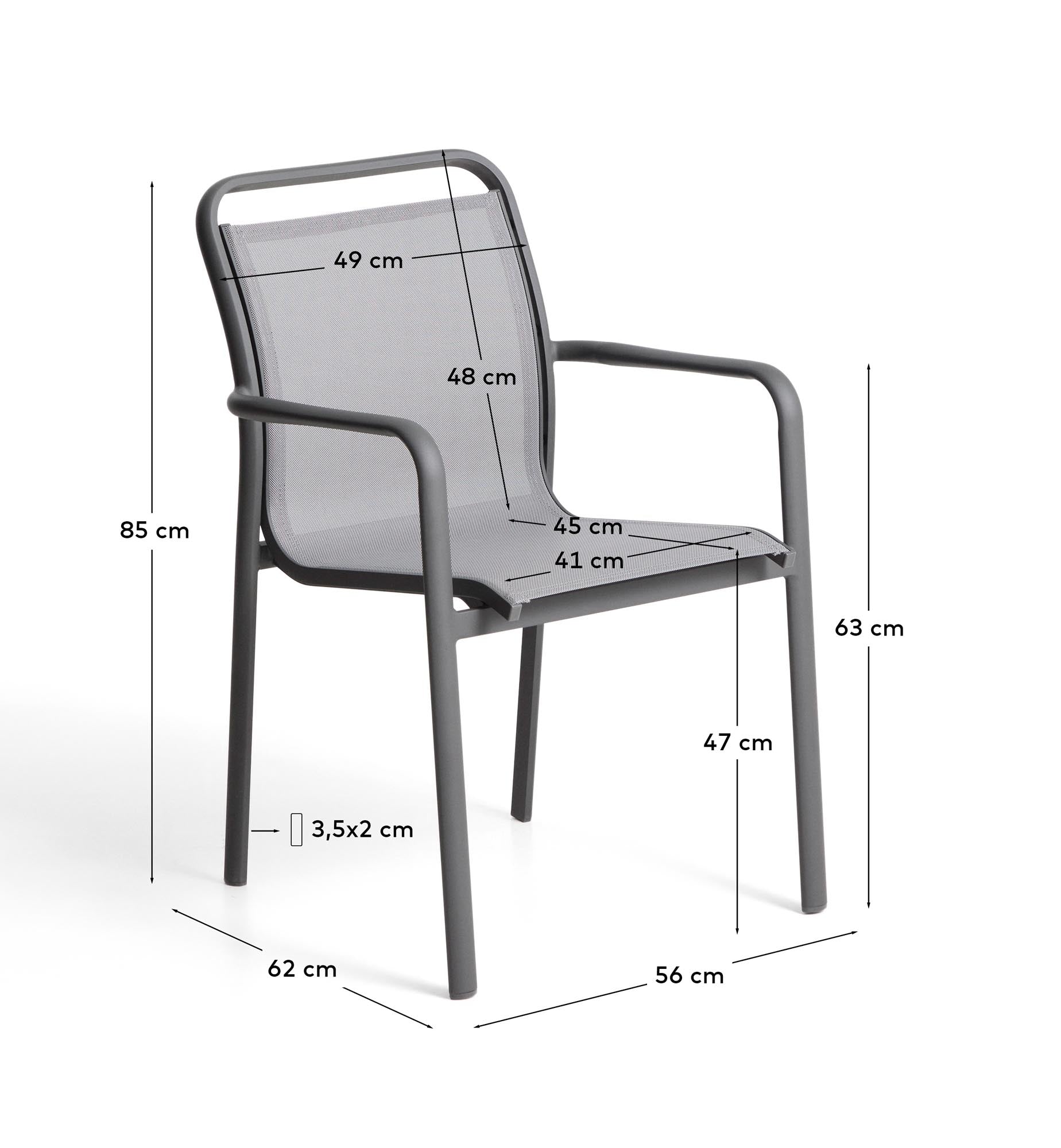 Eleganter stapelbarer Outdoor-Stuhl Luri aus robustem Aluminium in Graphit, kombiniert mit stilvollem grauem Texteline für entspannte Stunden im Garten.