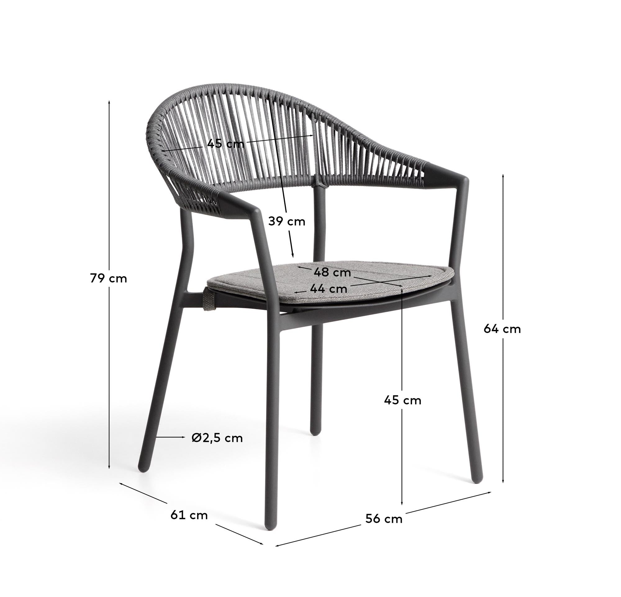 Eleganter stapelbarer Outdoor-Stuhl Alimia aus robustem Aluminium in Graphit, kombiniert mit grauem Synthetikseil für modernen Komfort.