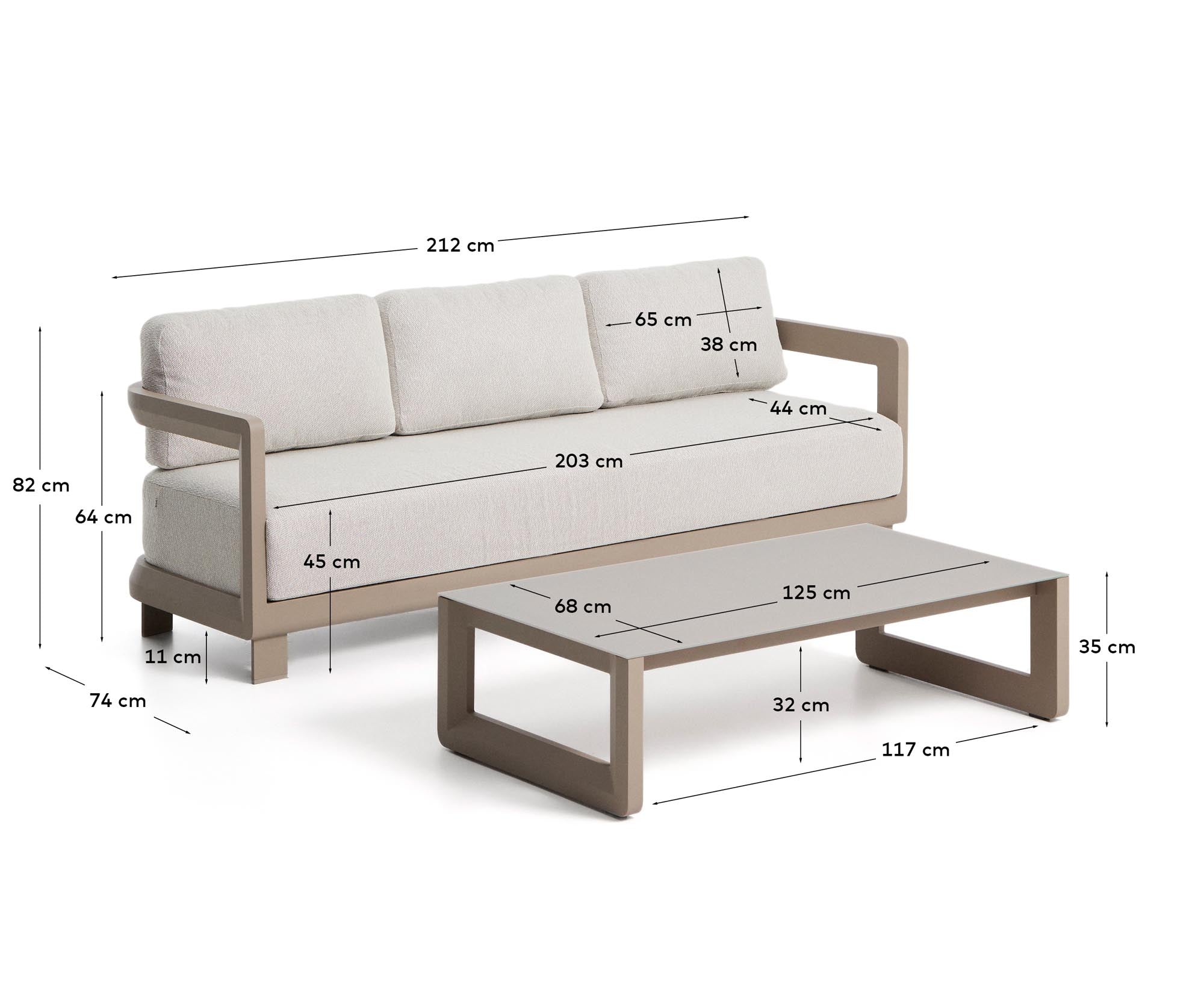 Elegantes Loungeset Nerano in Taupe, bestehend aus einem komfortablen 3-Sitzer Sofa und einem modernen Aluminium-Couchtisch.