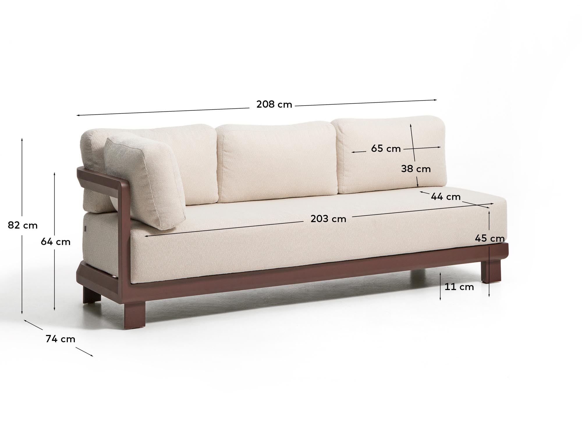Elegantes 3-Sitzer-Sofa Nerano aus robustem Aluminium in warmem Braun, ideal für stilvolle Lounge-Bereiche im Freien.