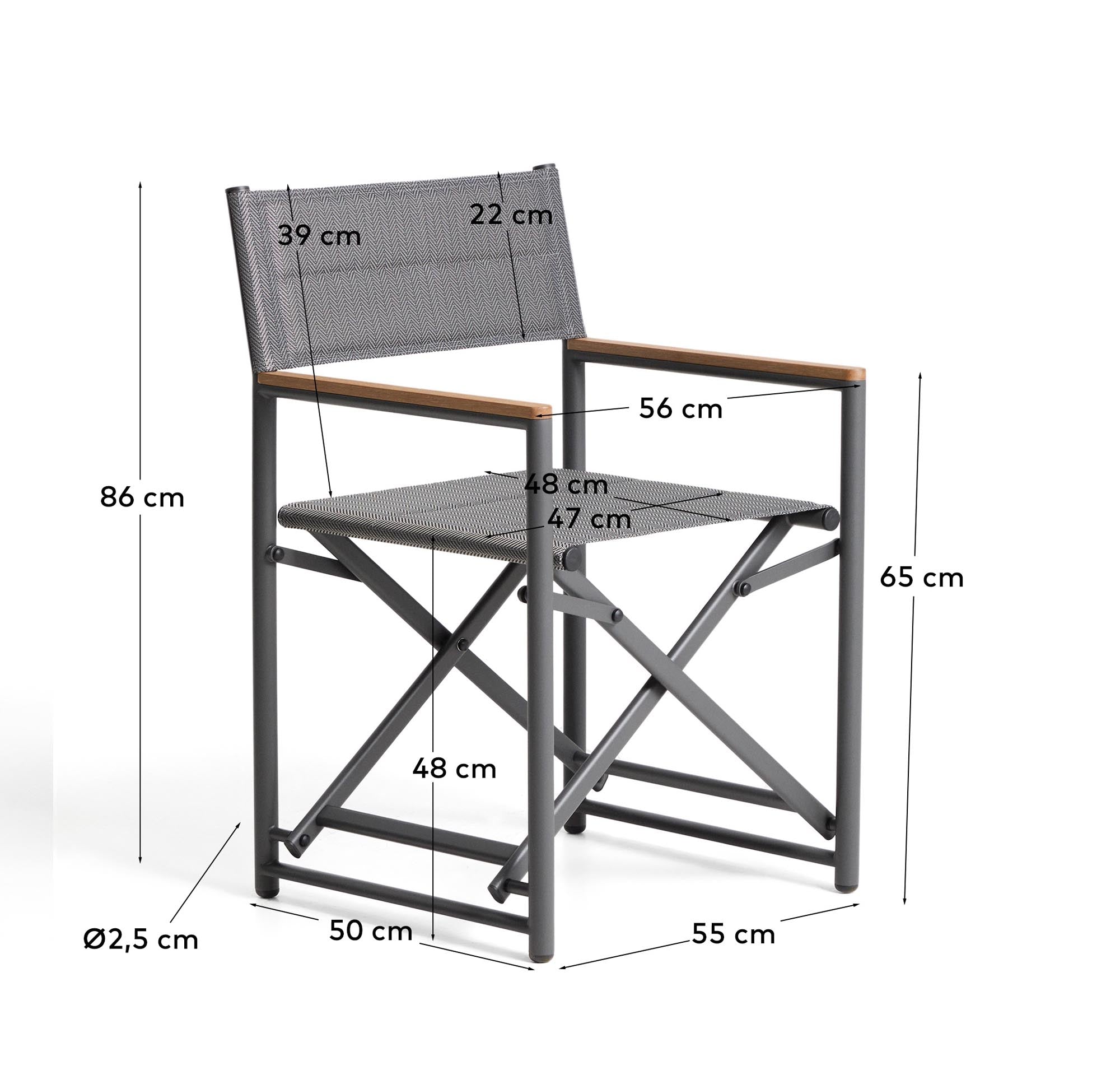 Moderner Klappstuhl Tisno in Graphitgrau, aus leichtem Aluminium und strapazierfähigem Texteline, ideal für den Garten oder die Terrasse.