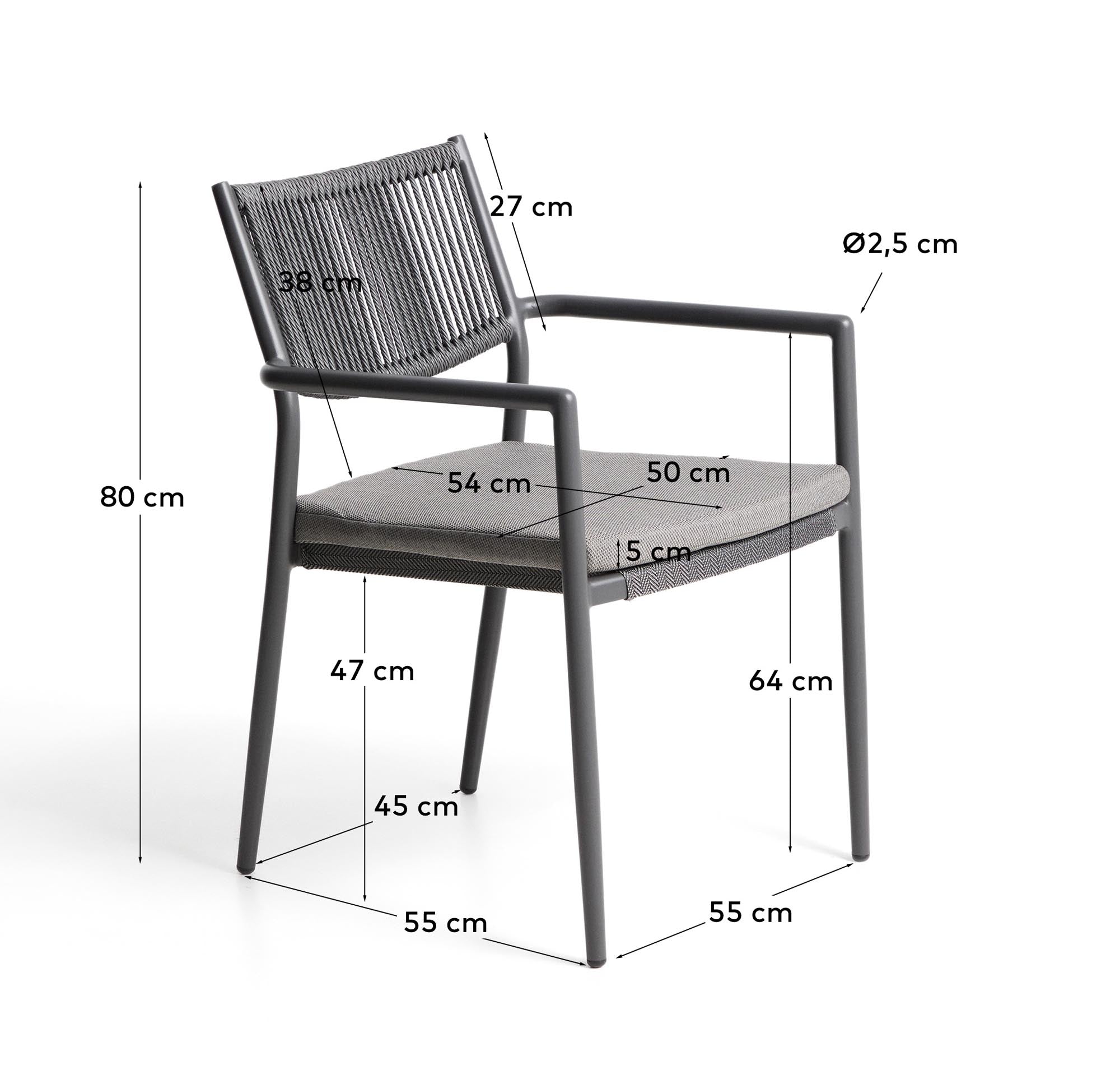 Eleganter stapelbarer Gartenstuhl Argasi aus robustem Aluminium in Graphit, kombiniert mit stilvollem dunkelgrauem Synthetikseil für Outdoor-Bereiche.