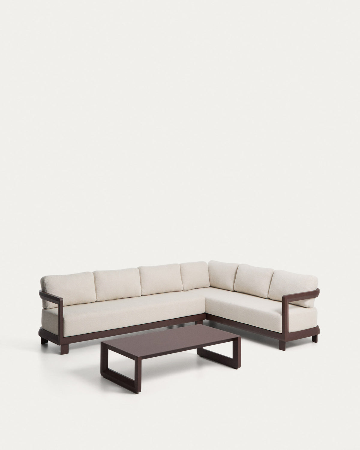 Set Nerano mit 5-Sitzer-Ecksofa und Couchtisch aus gehärtetem Glas und braunem Aluminium in Braun, Beige präsentiert im Onlineshop von KAQTU Design AG. Loungeset ist von Kave Home