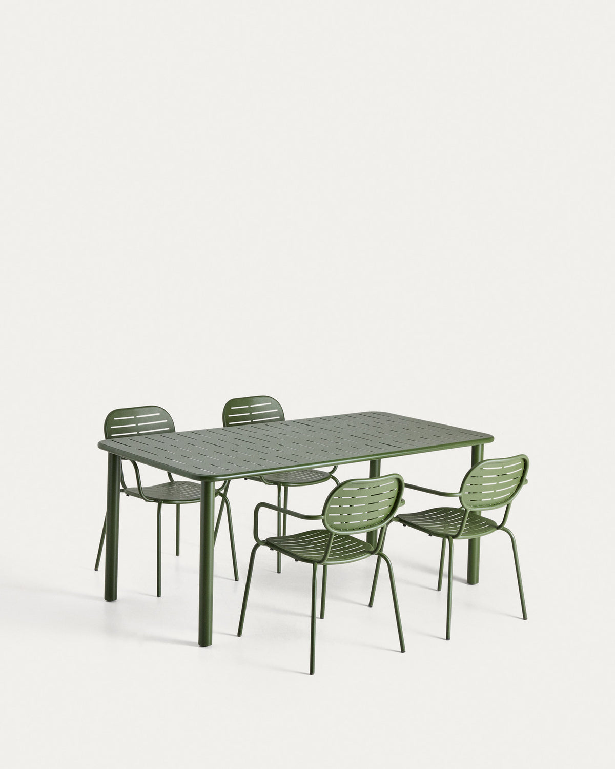 Set Brai mit Tisch und 4 Stapelstühlen aus verzinktem grünem Stahl, 180 x 90 cm in Grün, Dunkelgrün präsentiert im Onlineshop von KAQTU Design AG. Gartentischset ist von Kave Home
