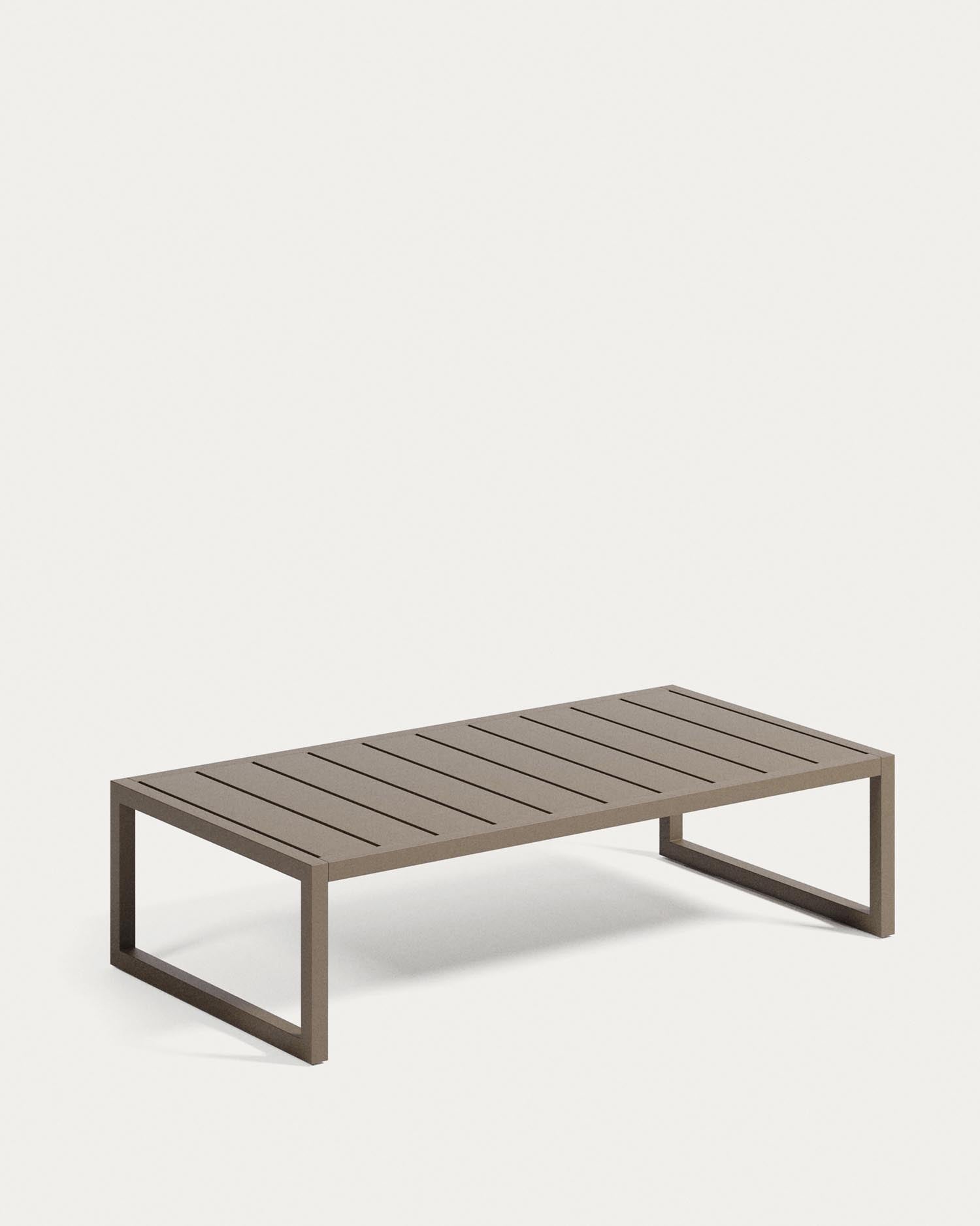 Entdecken Sie den modernen Couchtisch Comova von Kave Home: 100% outdoor, robustes Aluminium, grün, 60 x 114 cm – ideal für Garten und Terrasse.