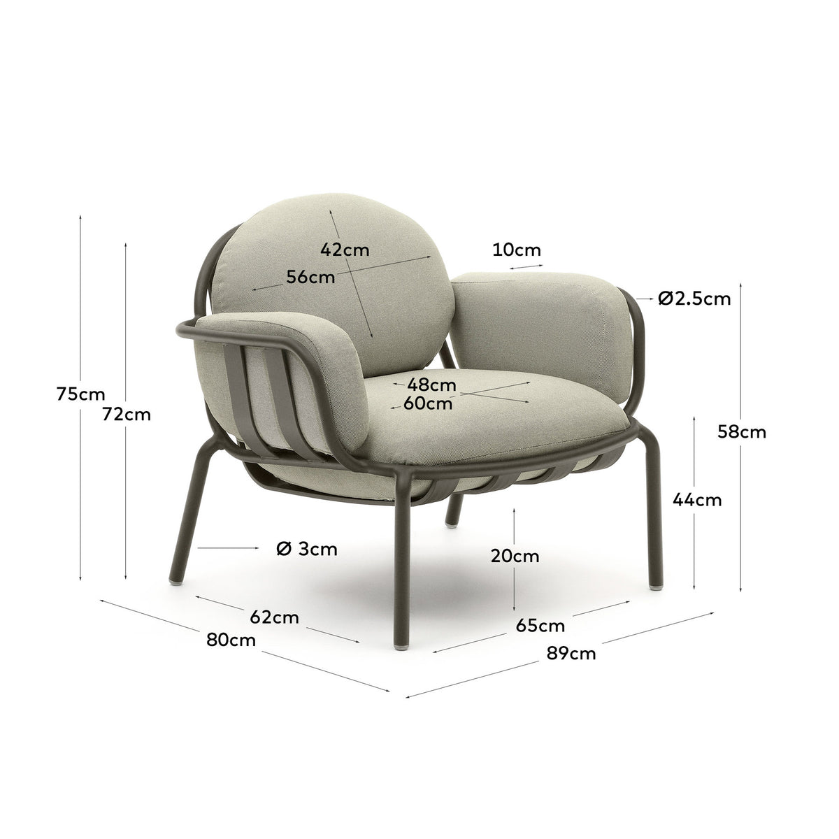 Outdoor-Sessel Joncols aus grau lackiertem Aluminium mit beigen Kissen in Grau, Hellgrün präsentiert im Onlineshop von KAQTU Design AG. Outdoor-Sessel mit Armlehnen ist von Kave Home