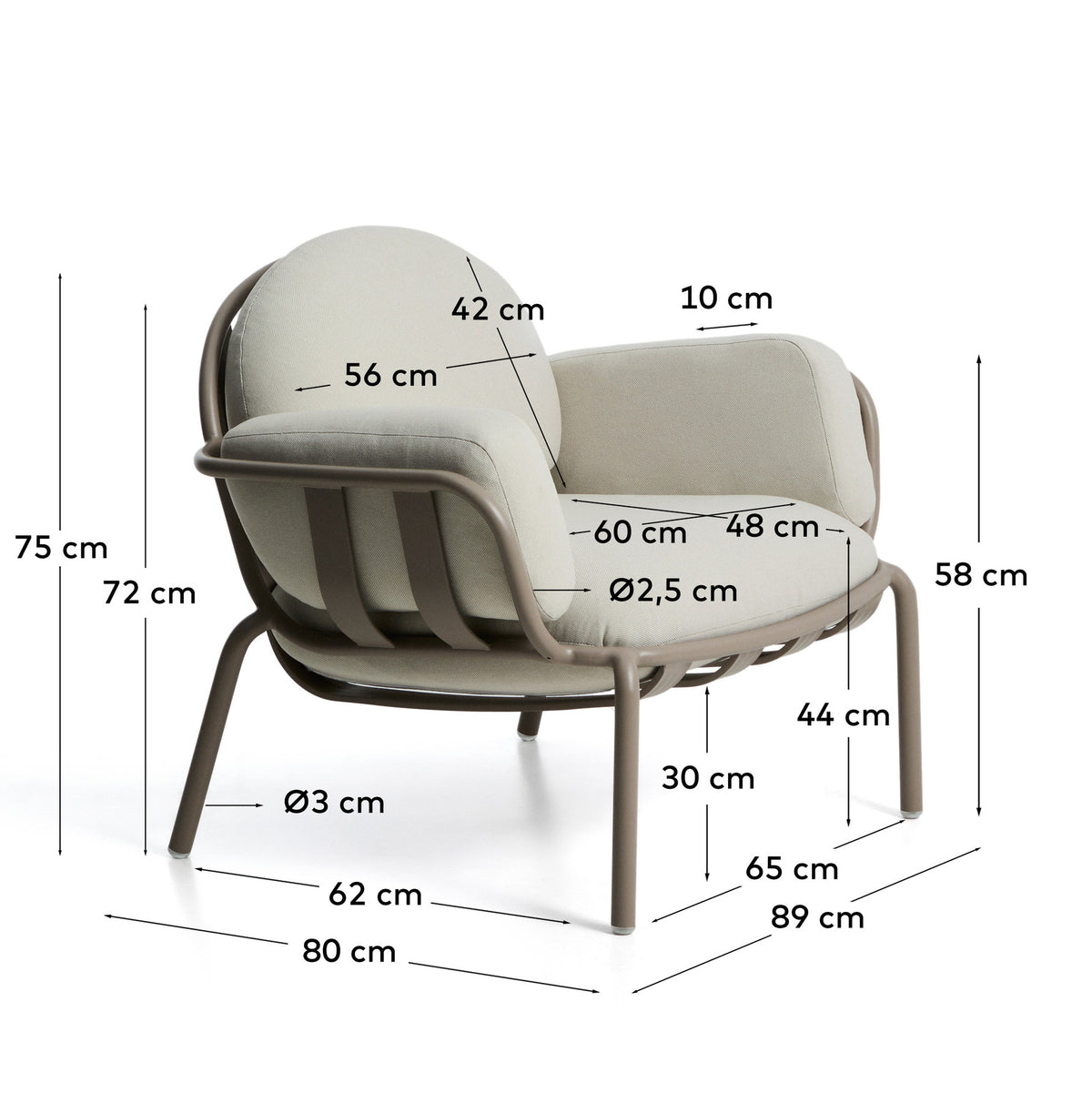 Outdoor-Sessel Joncols aus taupefarben lackiertem Aluminium mit beigen Kissen in Taupe, Beige präsentiert im Onlineshop von KAQTU Design AG. Outdoor-Sessel ist von Kave Home