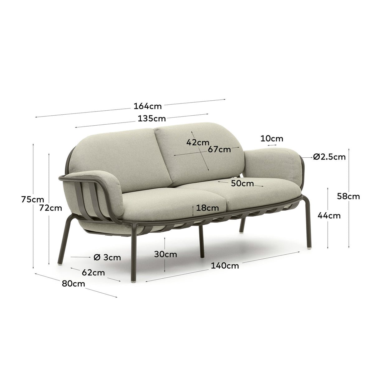 2-Sitzer-Outdoor-Sofa Joncols aus grau lackiertem Aluminium mit beigen Kissen, 164 cm in Grau, Hellgrün präsentiert im Onlineshop von KAQTU Design AG. Lounge Sofa ist von Kave Home