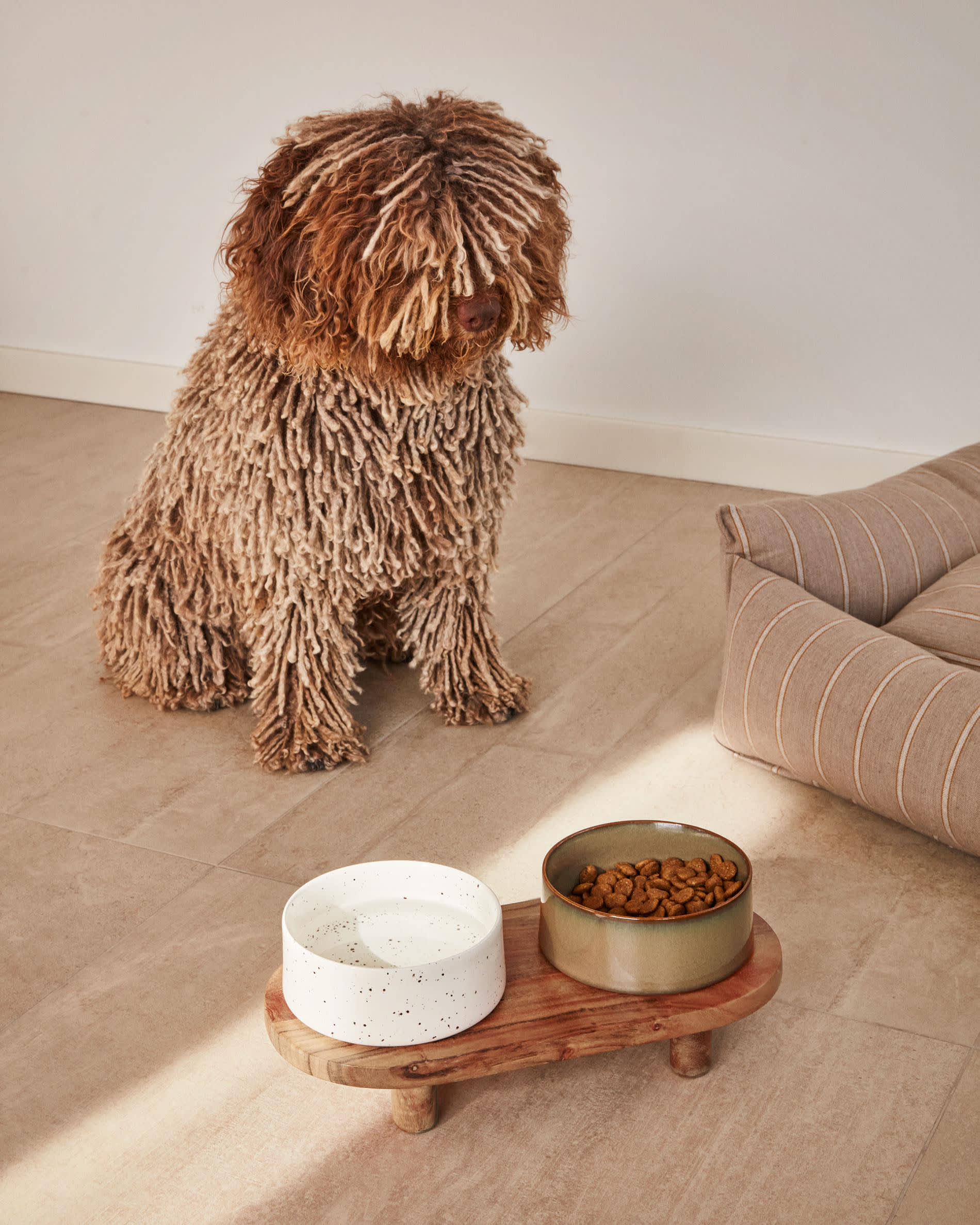 Das Dumbi Set von Kave Home bietet zwei elegante weisse Futternäpfe (Ø 14 cm), perfekt für Haustiere, mit modernem und praktischem Design.