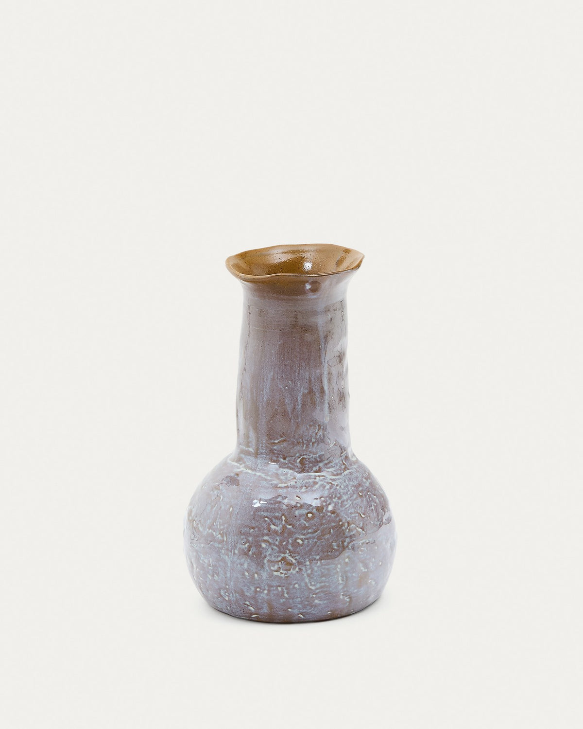 Mehrfarbige Keramikvase Olaris mit runder Basis, langem Hals und glasierten senkrechten Streifen, Höhe 26,5 cm, Material 100% Keramik.