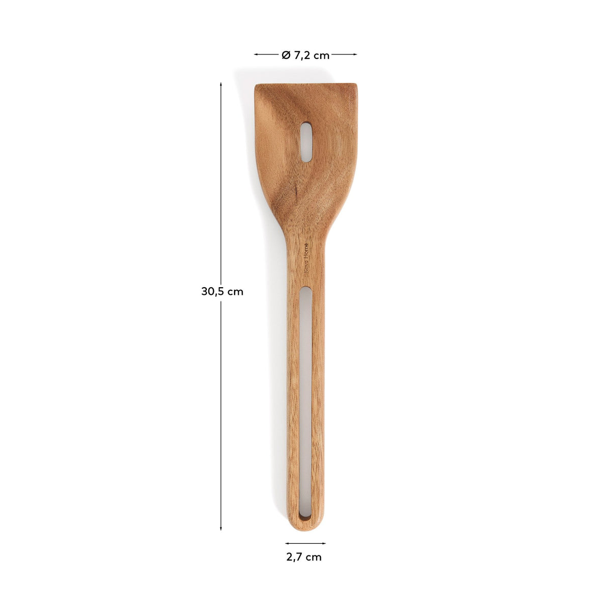 Küchenaccessoire Blera aus lackiertem Akazienholz in Naturton, längliche Form mit Loch zum Aufhängen, sichtbare natürliche Holzmaserung.
