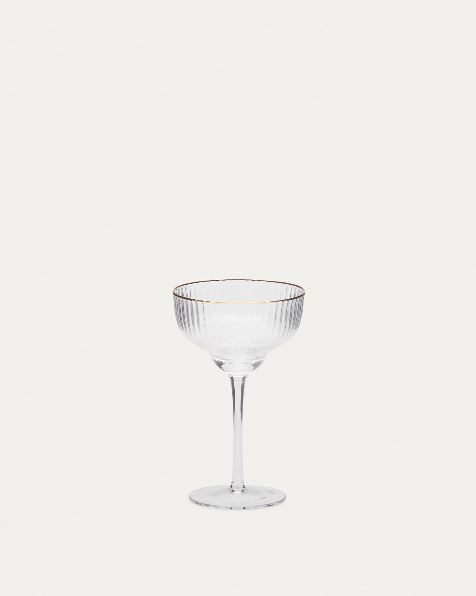 Elegantes Sektglas Ayan von Kave Home: 28 cl, Klarglas mit goldfarbenem Rand, luxuriöses Design, ideal für festliche Anlässe.
