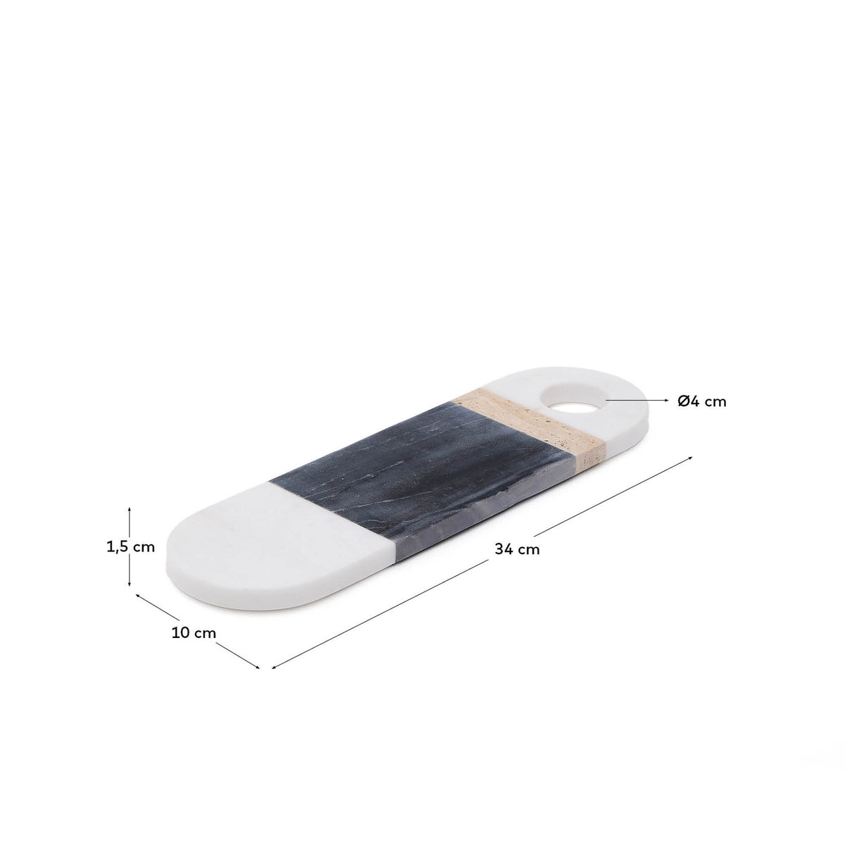 Kleines Servierbrett Nivol aus weissem und schwarzem Marmor und Travertin in Schwarz, Weiss, Hellbraun präsentiert im Onlineshop von KAQTU Design AG. Schneidbrett ist von Kave Home